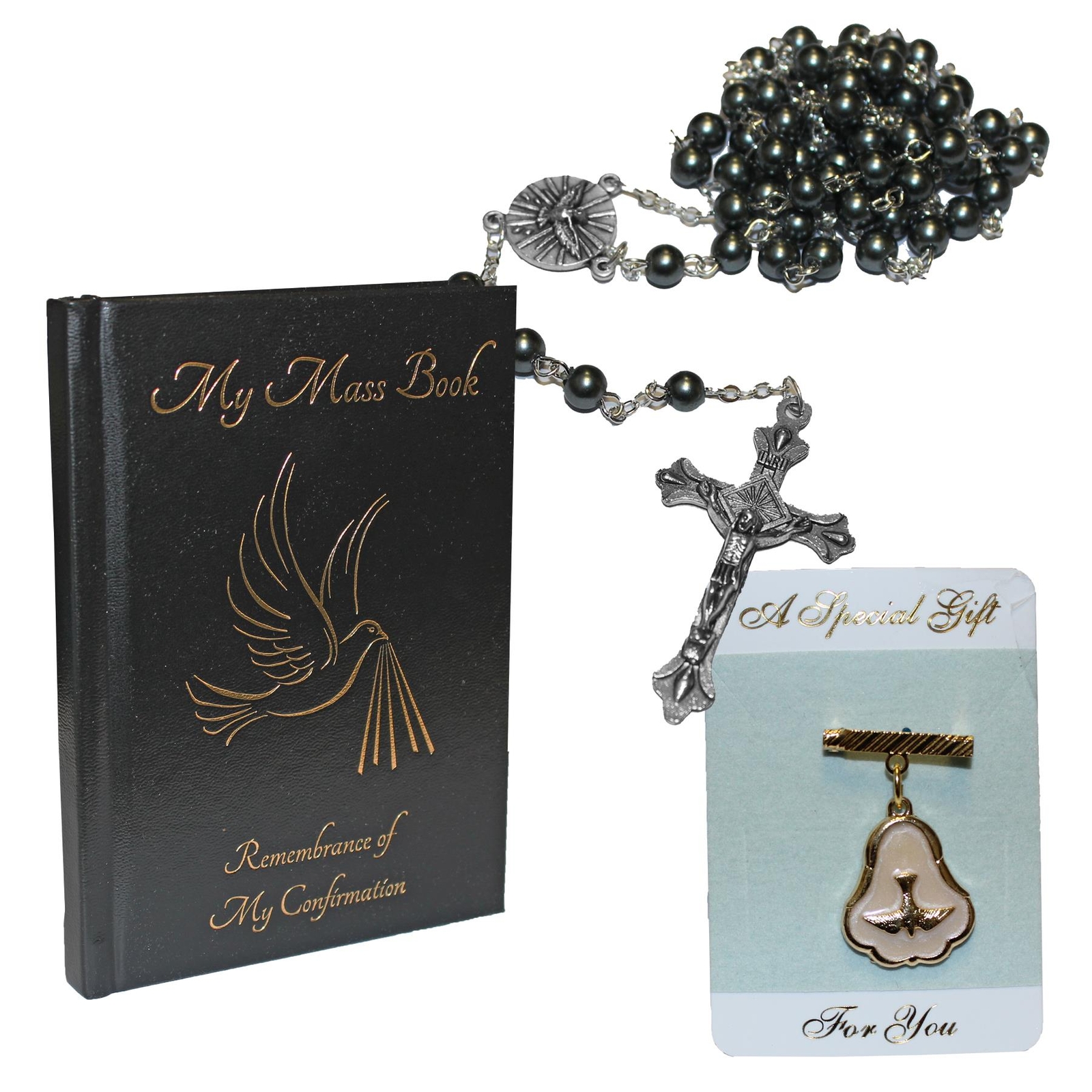 Confirmation Set Mass Book, Rosary and Dove Pendant Brooch F572