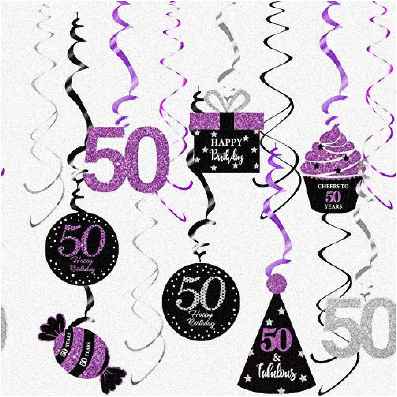 Purple and Silver Hanging Swirl Decorations for 50th Birthday