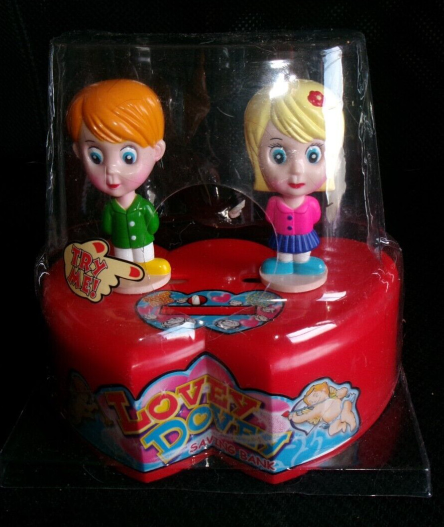 Vintage Valentines Lovey Dovey Couple Kissing Mechanical Plastic Savings Bank SO
