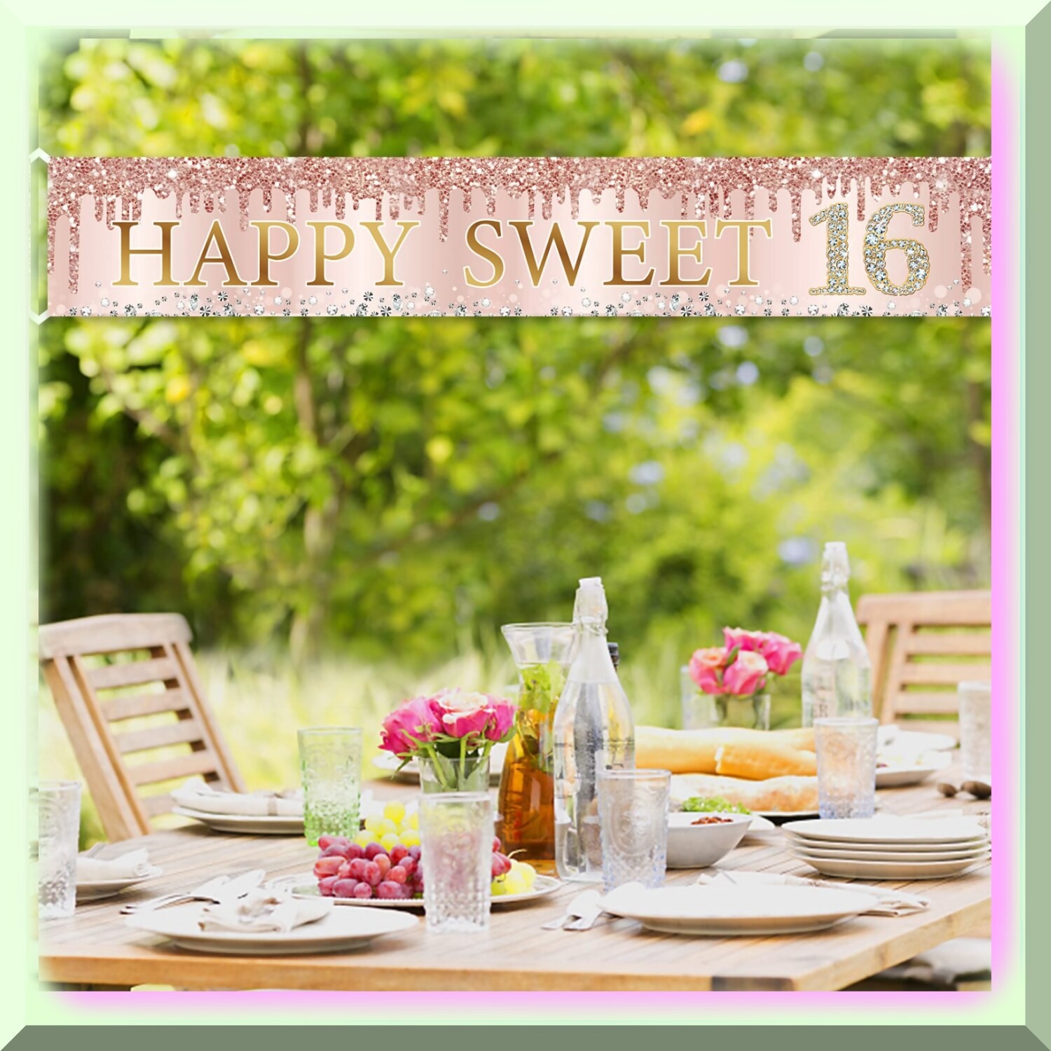 Sweet 16 Celebration Banner Pink Rose Gold Polyester