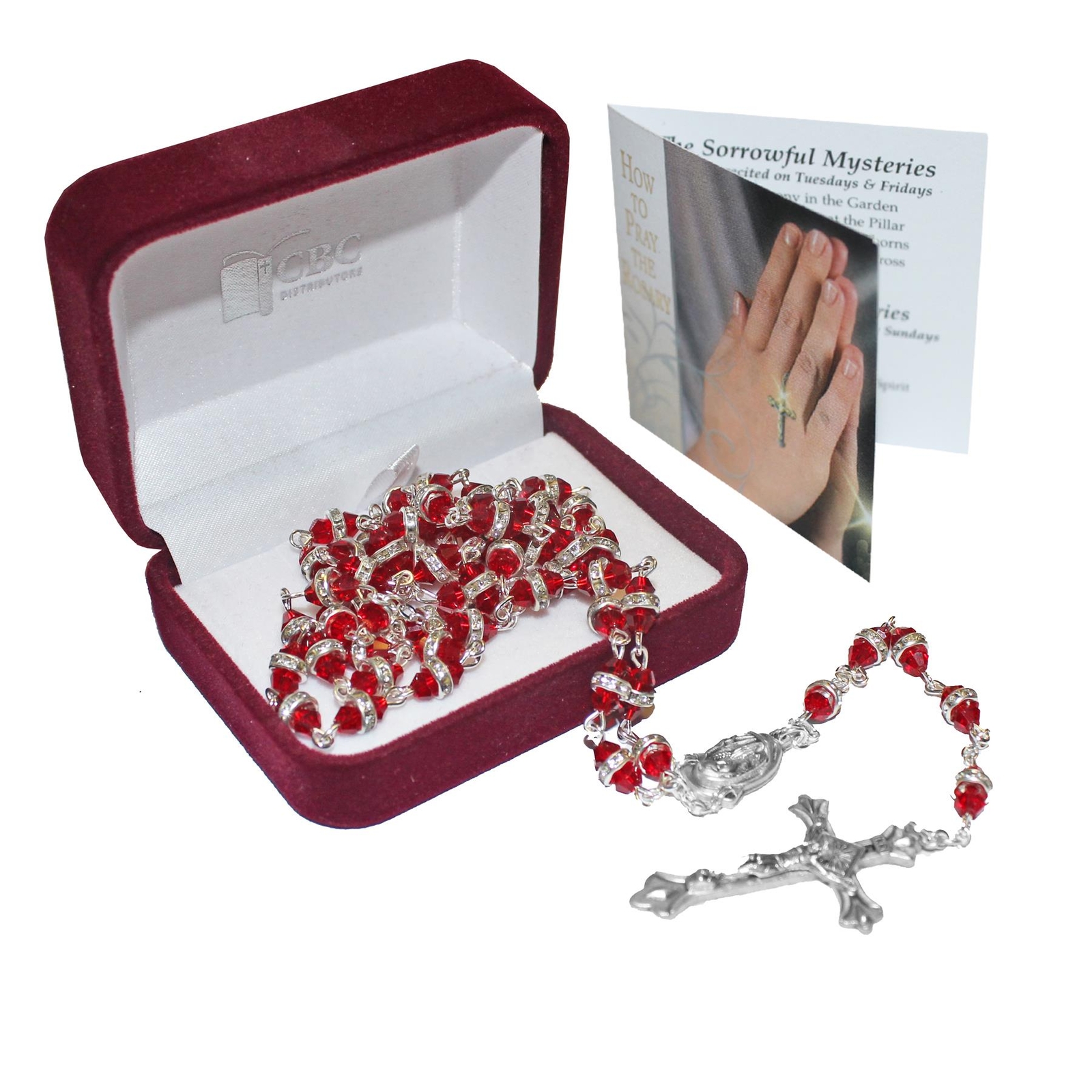 Communion Red Rosary Beads and Card Set in a Velvet Gift Box