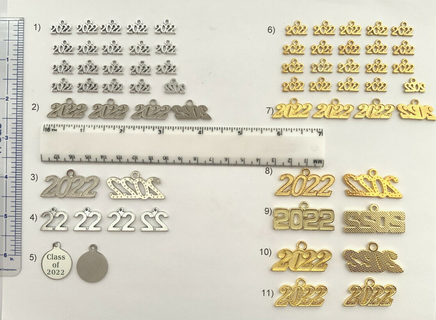 CLASS OF 2022 YEAR NUMBER CHARMS GRADUATION, CHOICE 11 STYLES OF GOLD OR SILVER