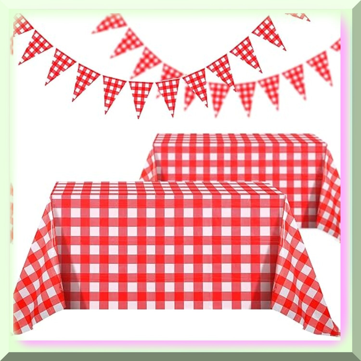 Red and White Checkered Tablecloth and Banner Set