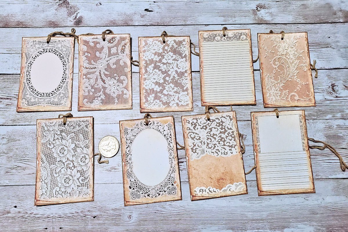 9~Vintage~Ephemera~Lace Papers~Junk Journal~Linen Cardstock~Gift~Hang~Tags