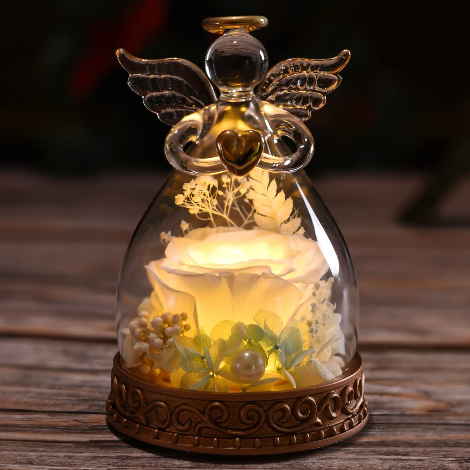 Preserved Real Rose in Glass Angel Figurine with LED Light, Angel Gifts for W…