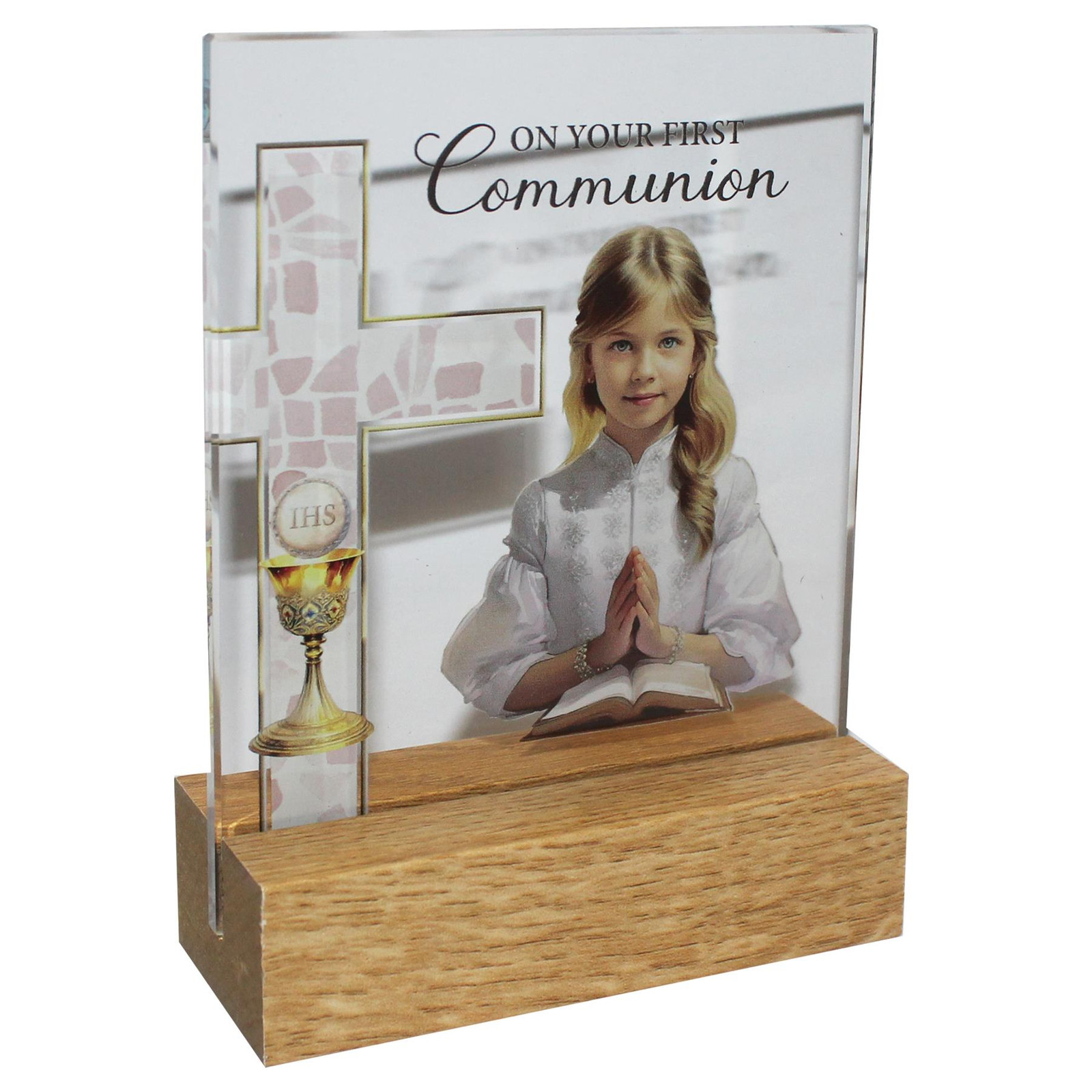 First Communion Glass Plaque on a Wooden Base – Girl