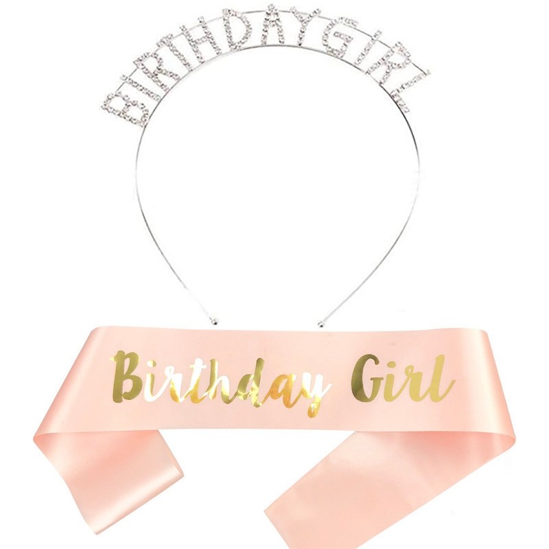 Birthday Crown Headband Rose Gold Tiara Rhinestone Party Women Girl Gift Sash