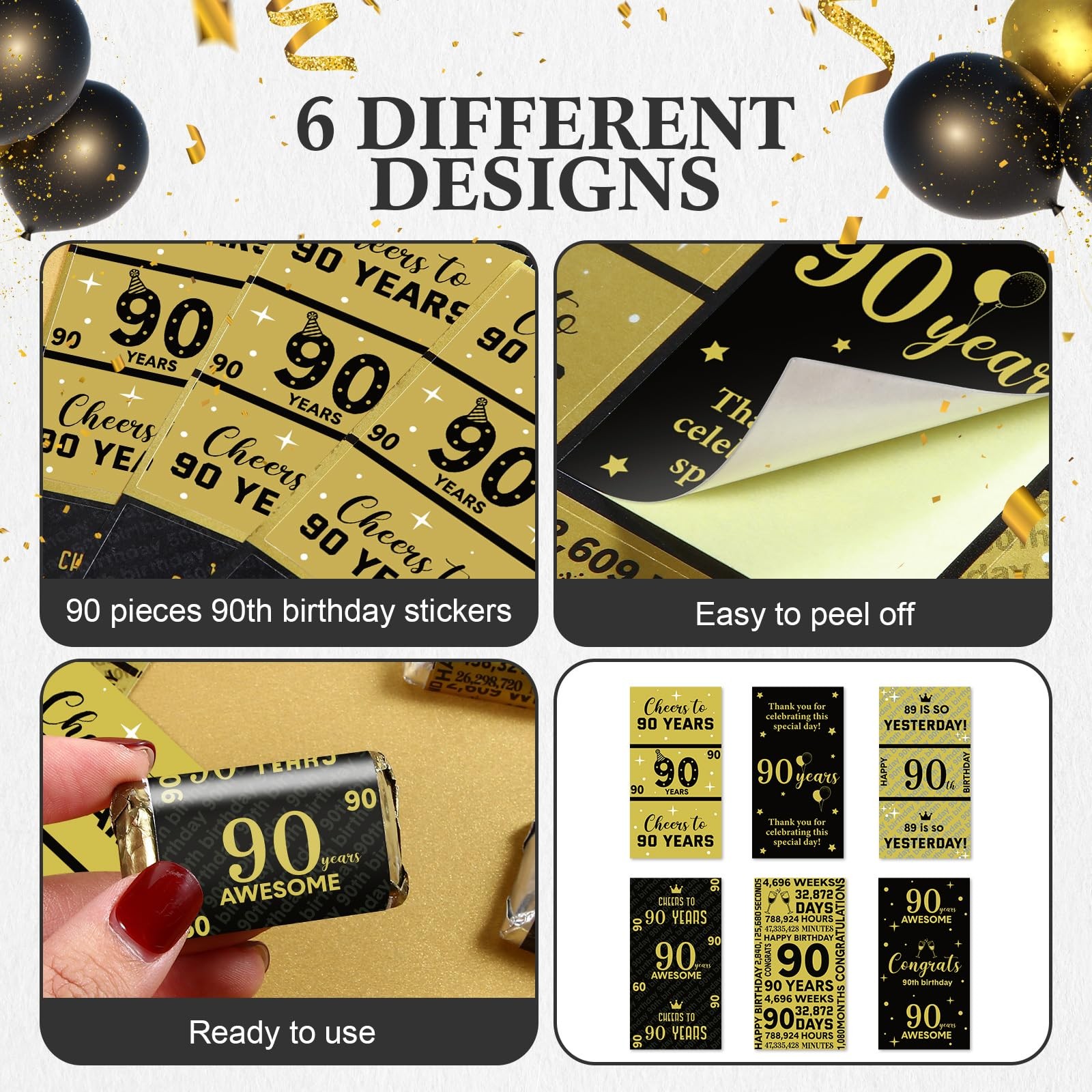 Tenare 90 Pcs 90th Birthday Party Favors Candy Wrappers Black and Gold