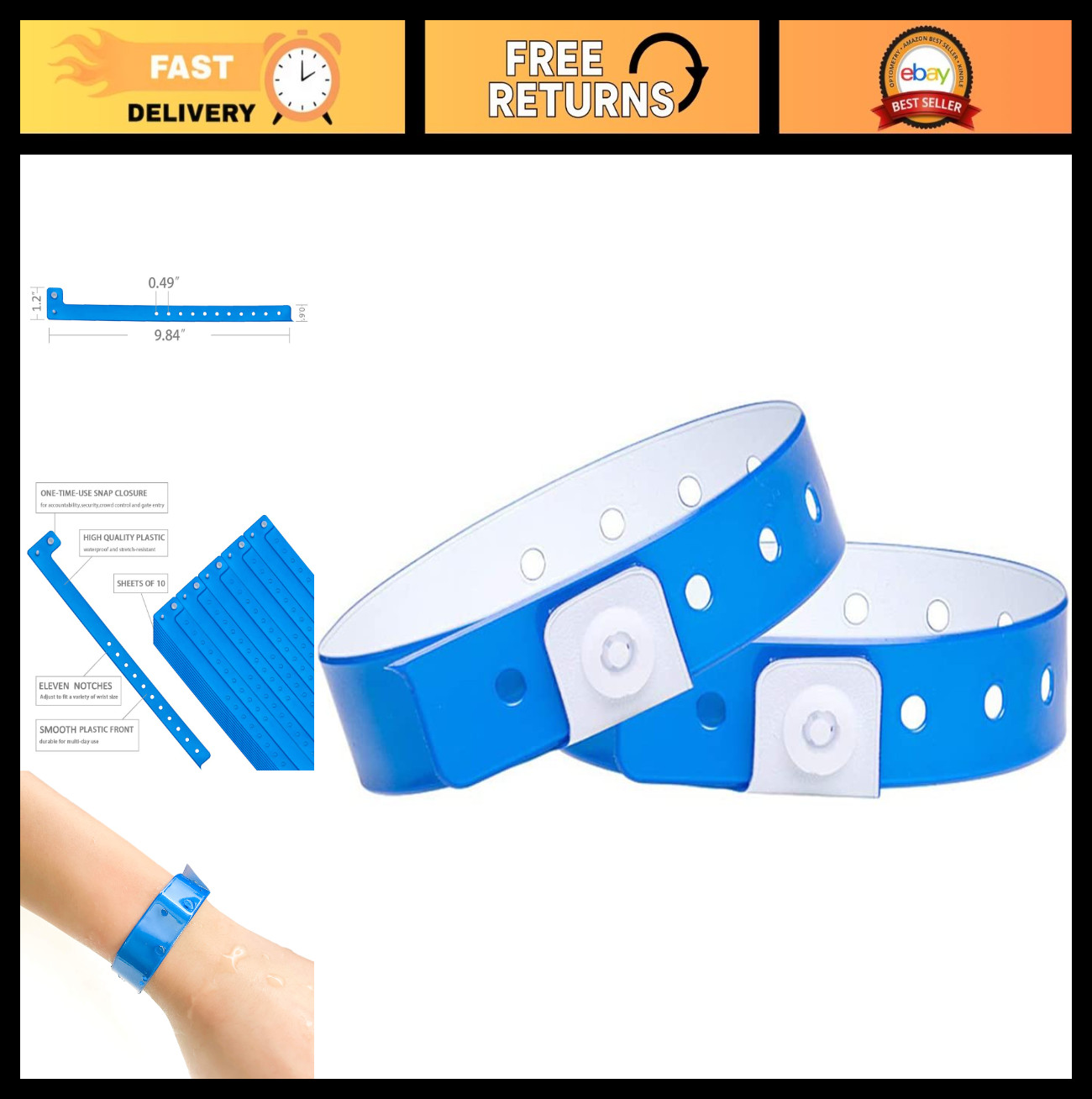 500 Pack Neon Blue Plastic Wristbands for Events, Parties, Music & Meetings