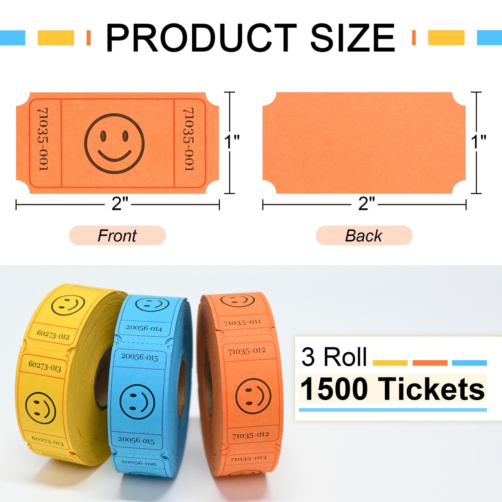 1500 Raffle Tickets Roll, 3 Assorted Colors, 1×2 Inch Smile Ticket for Events…