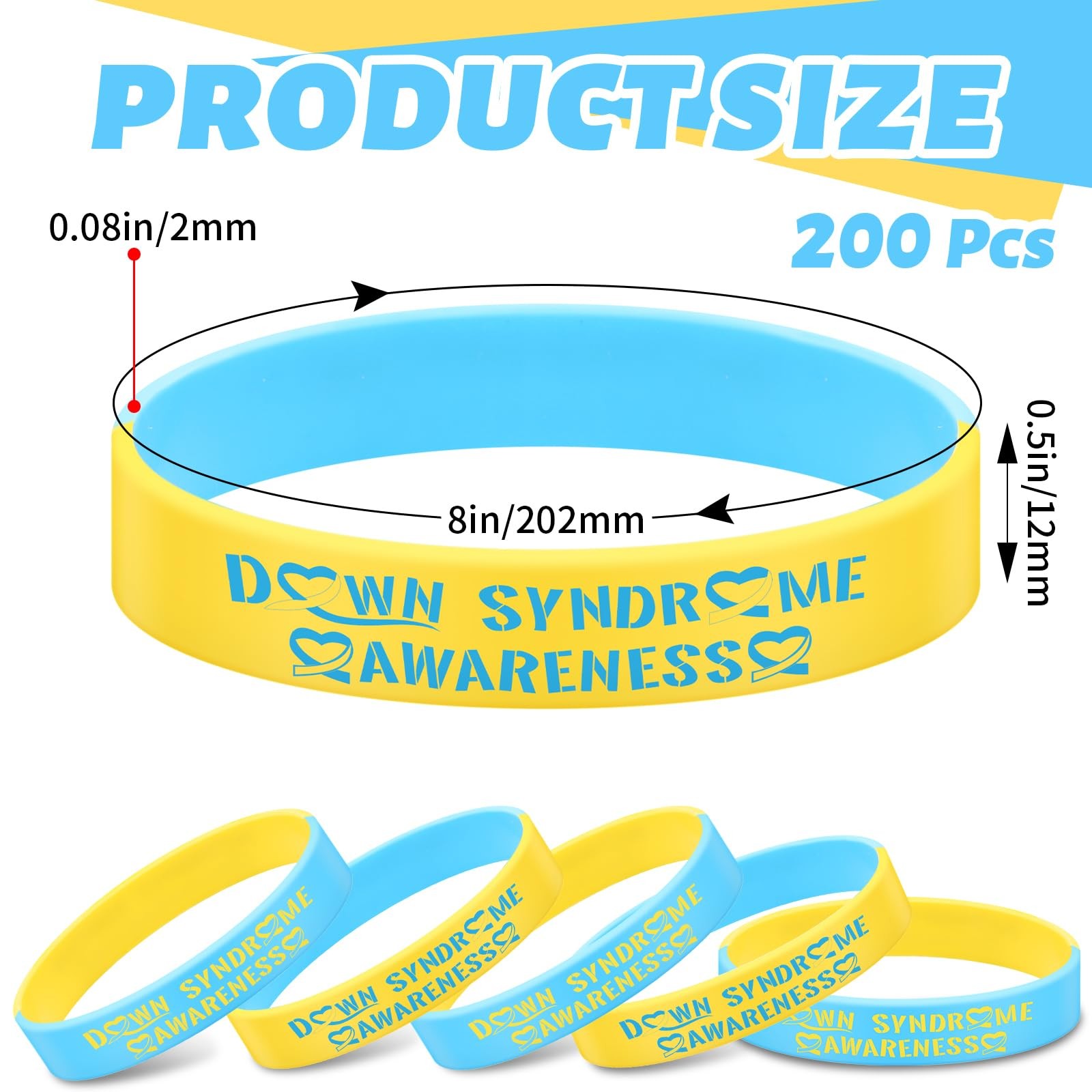 200 Pcs Down Syndrome Awareness Silicone Bracelet Wristband Stretch Blue Yell…
