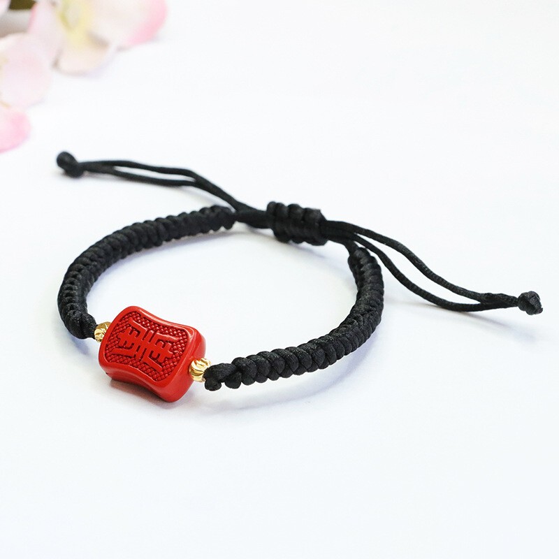 Handmade Cinnabar Red&Black String Bracelet with Charm Adjustable Lucky FengShui