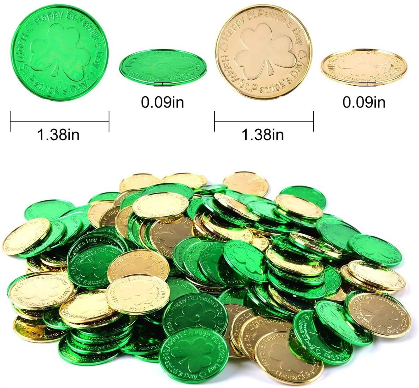 QTY=47:FUNNISM 200 PCSSt. Patrick Lucky Shamrock Plastic Coins&1Green Leprechaun