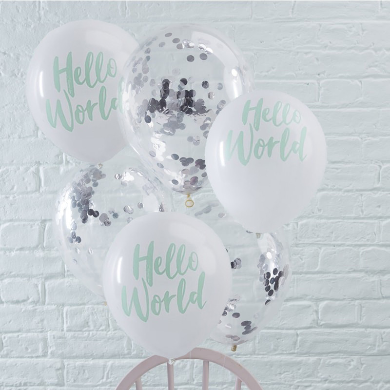 15x HELLO WORLD BABY SHOWER BALLOON PACK 10 x White 5 x Silver Confetti Balloons