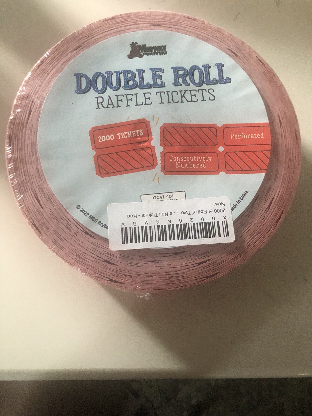 Roll of 2000 Red Double Stub Raffle Tickets Split . Consecutively Numbered.