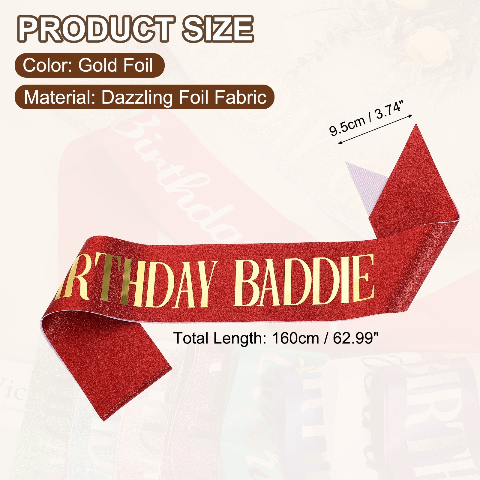 Birthday Baddie Sash with Pin Gold Foil Lettering for Party Red