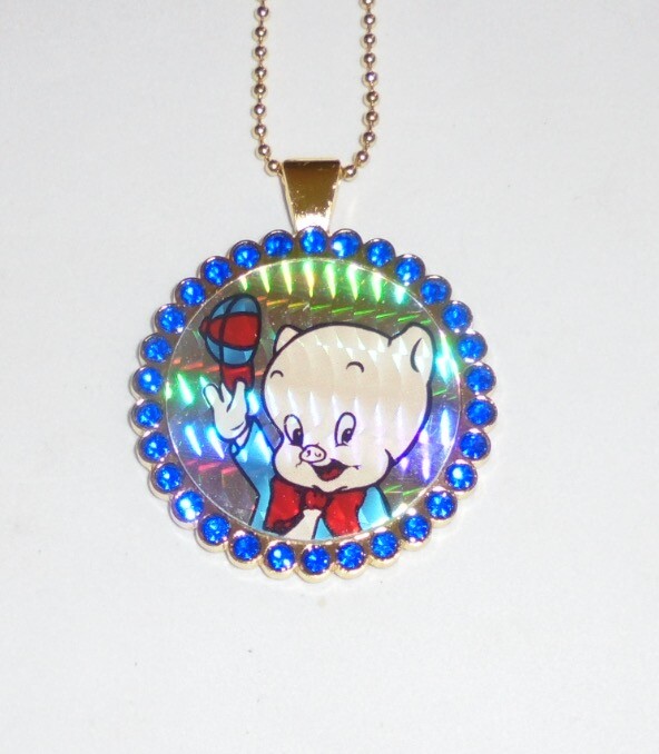Vintage Looney Tunes PORKY PIG Prism Pog Cap Chain Pendant Necklace Cartoon Farm