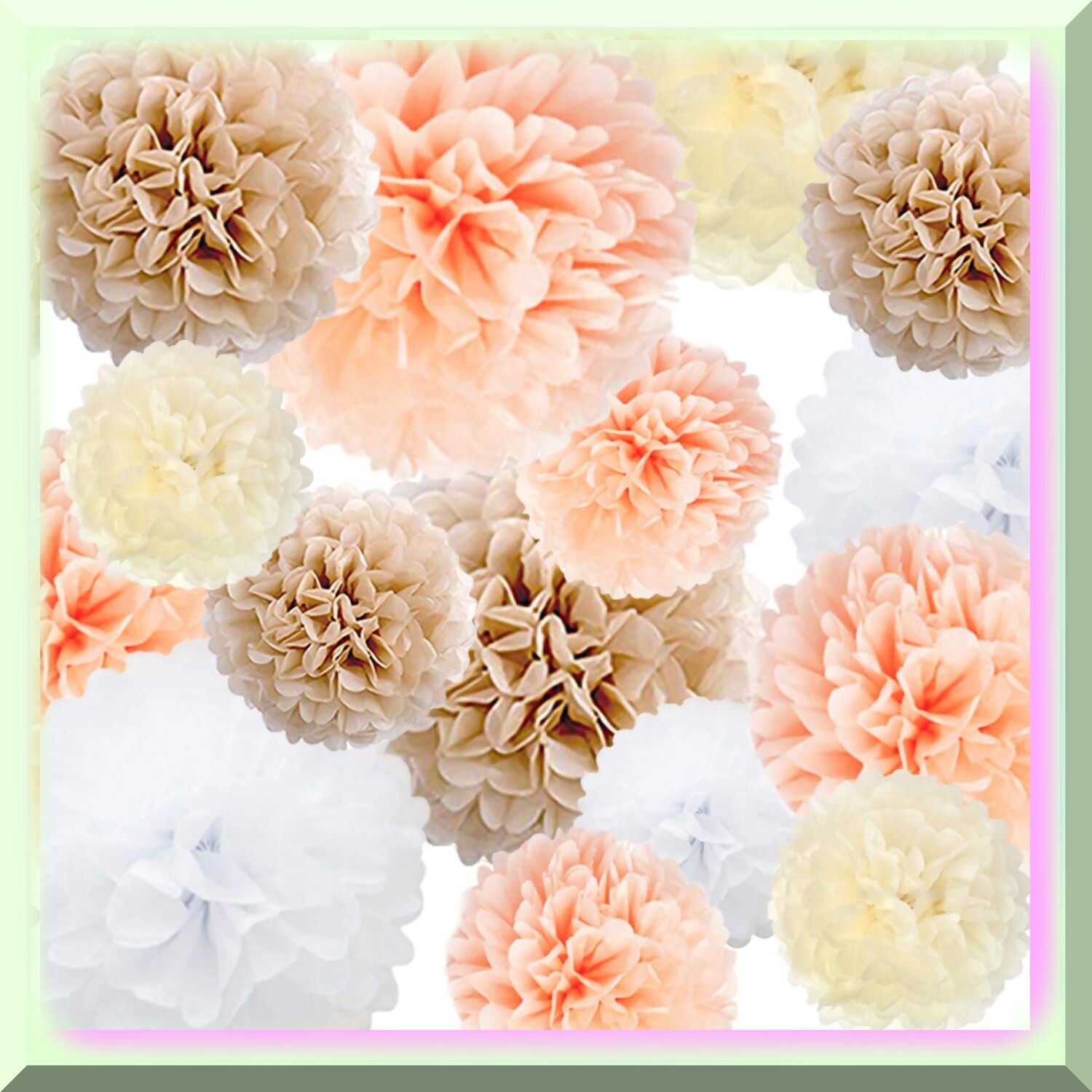 Set of 22 Champagne, Ivory, White, Peach Tissue Paper Pom Poms