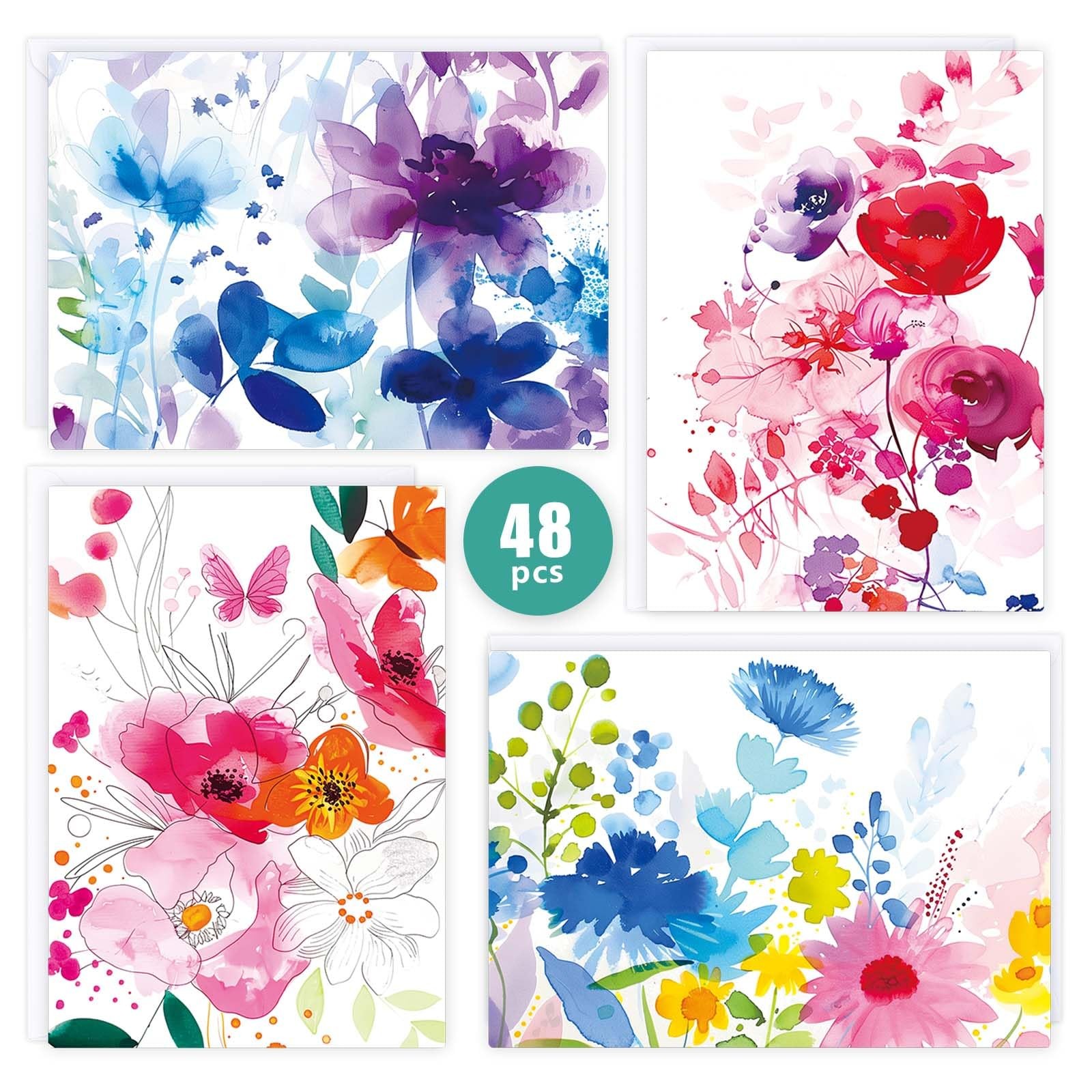 FUHITIM 48 Pack Blank Cards 3.7x 5.2 Inch, Watercolor Flower Cards(48 pcs)