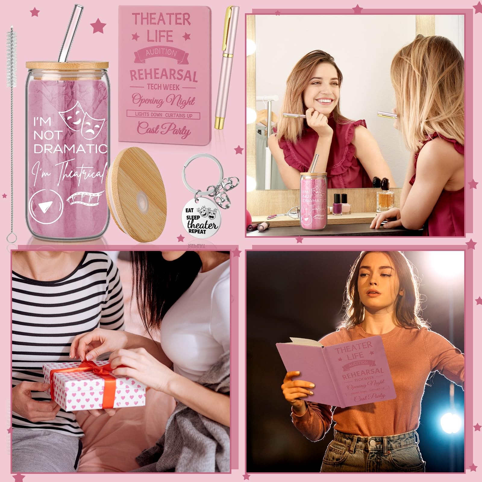 4 Pcs Theatre Gifts for Women Teens Theater Life 16oz Glass Cup Leather Notebook