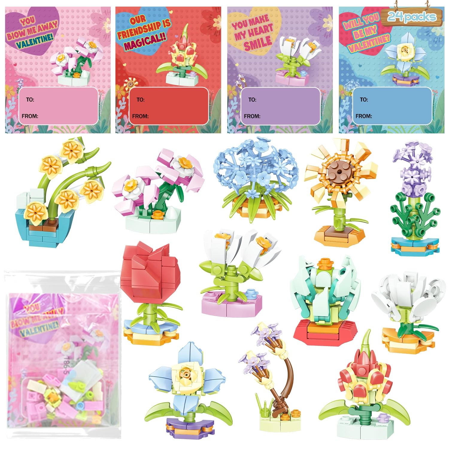 WODMAZ Valentines Day Cards for Kids, 24 Packs Flower Bouquet Building Rose