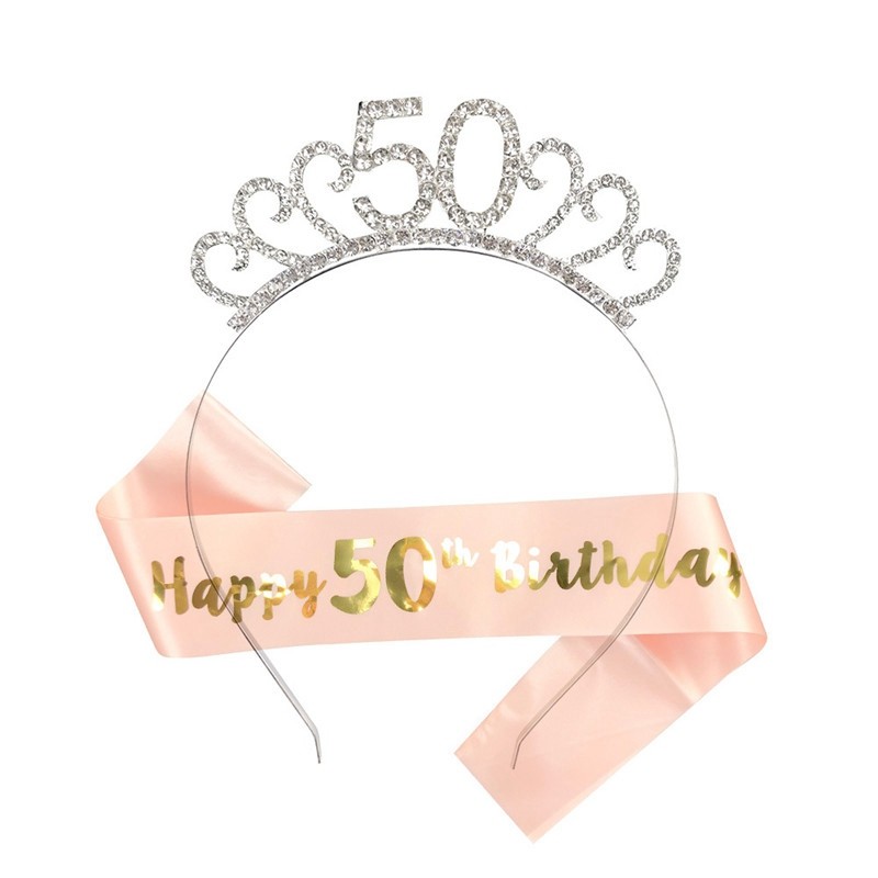 Birthday Crown Headband Rose Gold Tiara Rhinestone Party Women Girl Gift Sash