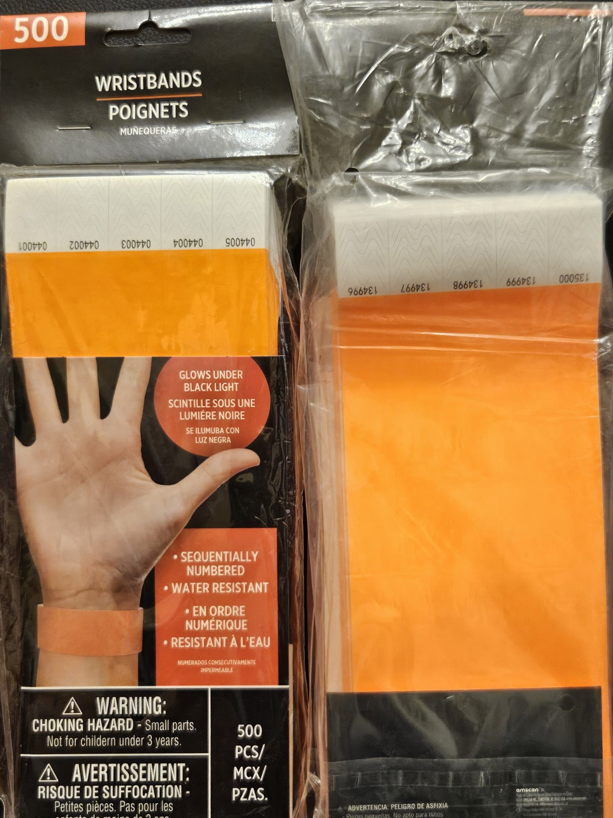 Lot Of 2 Packs Orange Wristbands 500 Each Sequentially Numbered Water Resistant