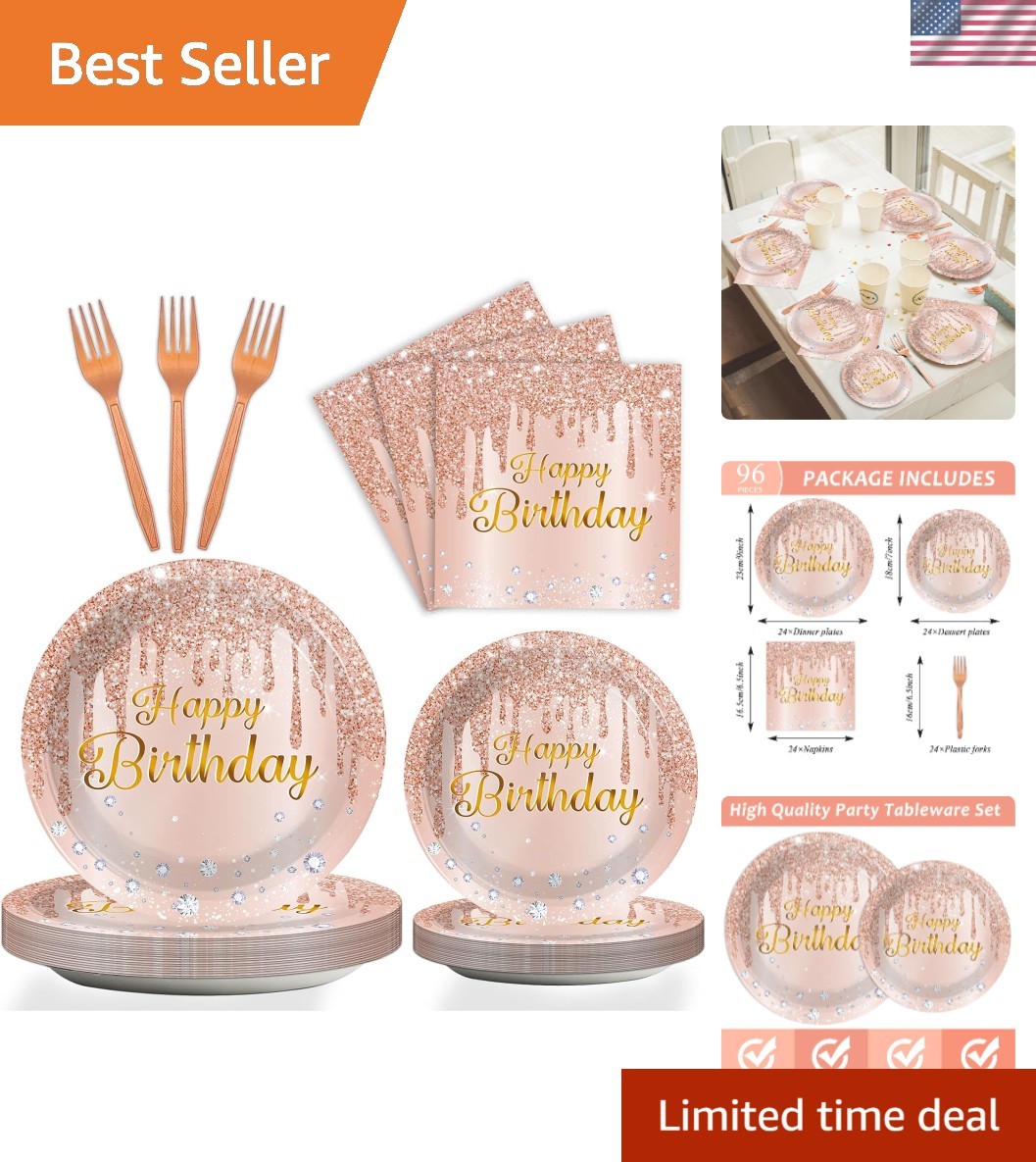 Comprehensive 96-Piece Pink Rose Gold Party Supplies Set – Perfect for Birthdays
