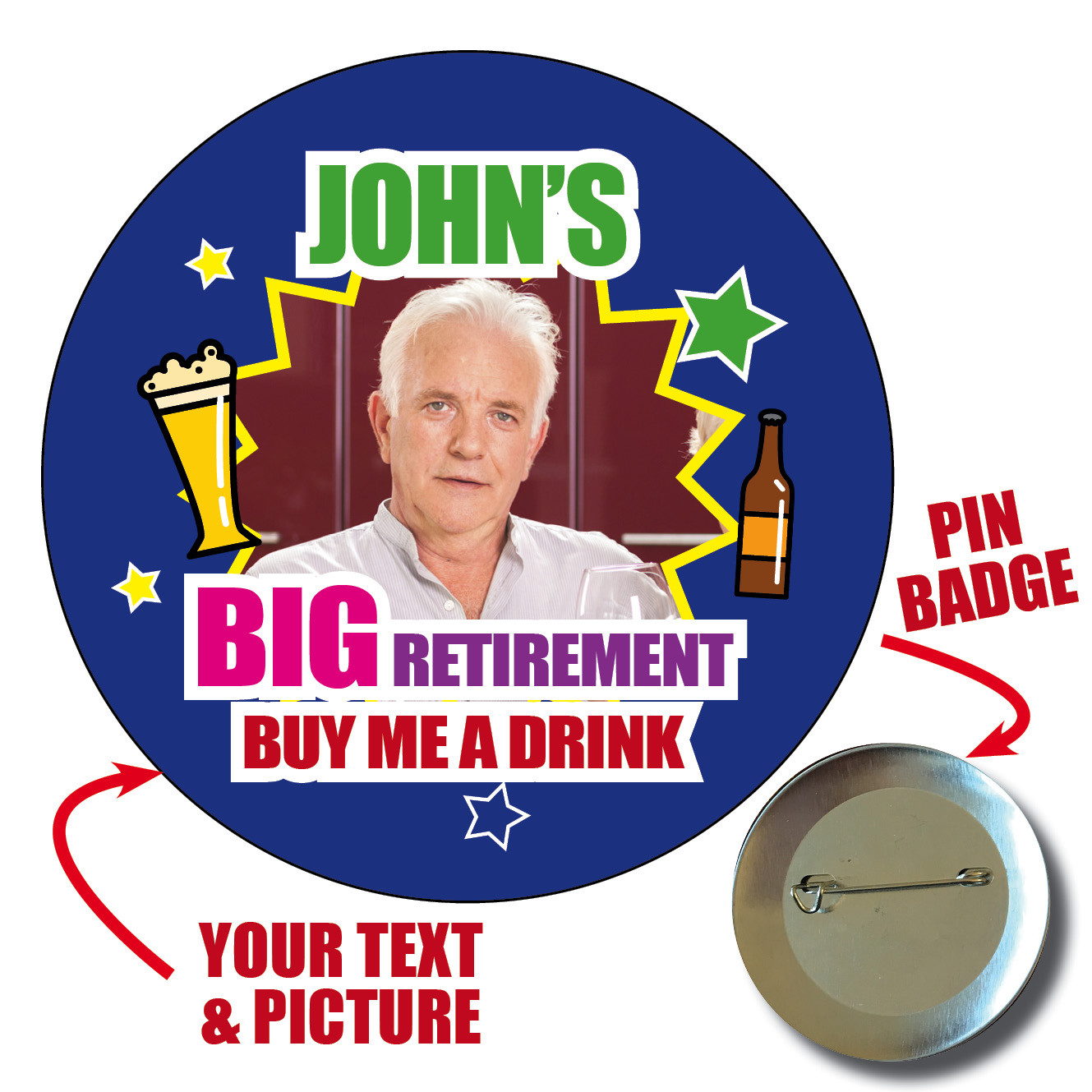 BUY ME A DRINK BIG PERSONALISED BADGE NAME PICTURE PHOTO RETIREMENT PARTY 992