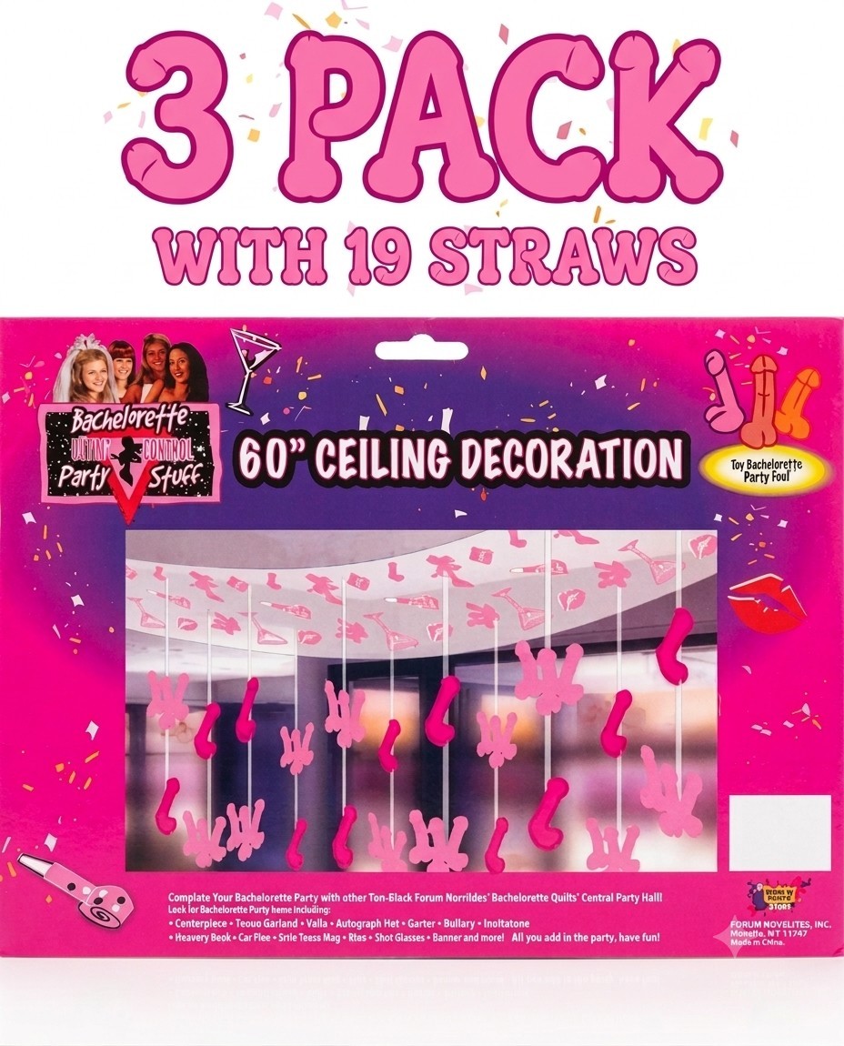 Penis Ceiling Decoration Bachelorette Party Supplies – 3 Pack With 19 Straws