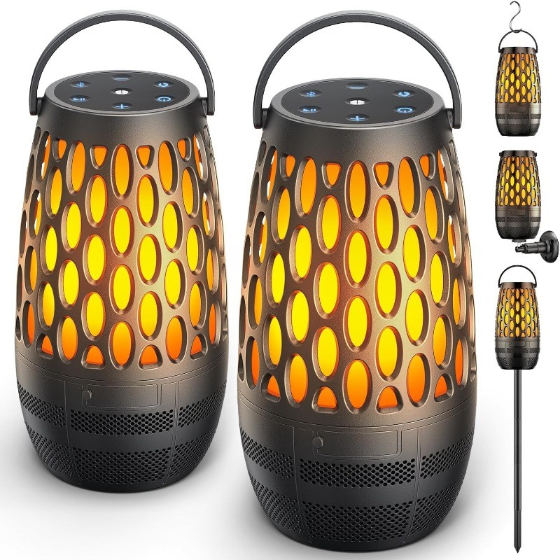 2 Pack Outdoor Speakers Bluetooth Waterproof IPX6 with Flame Lights Gadget Gifts