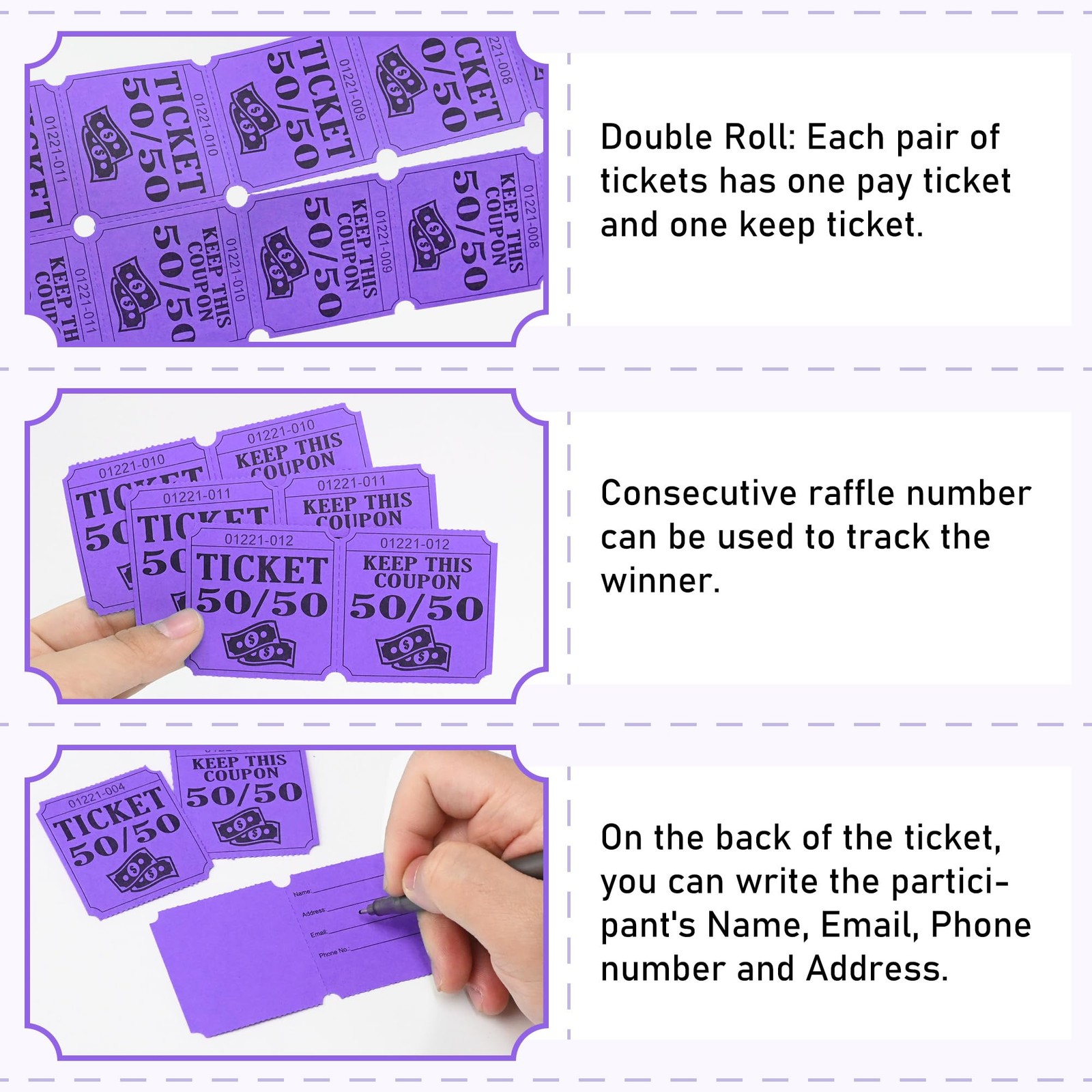 500 Double Roll Raffle Tickets, 50/50 Raffle Cards, Entry Form with Name, Add…