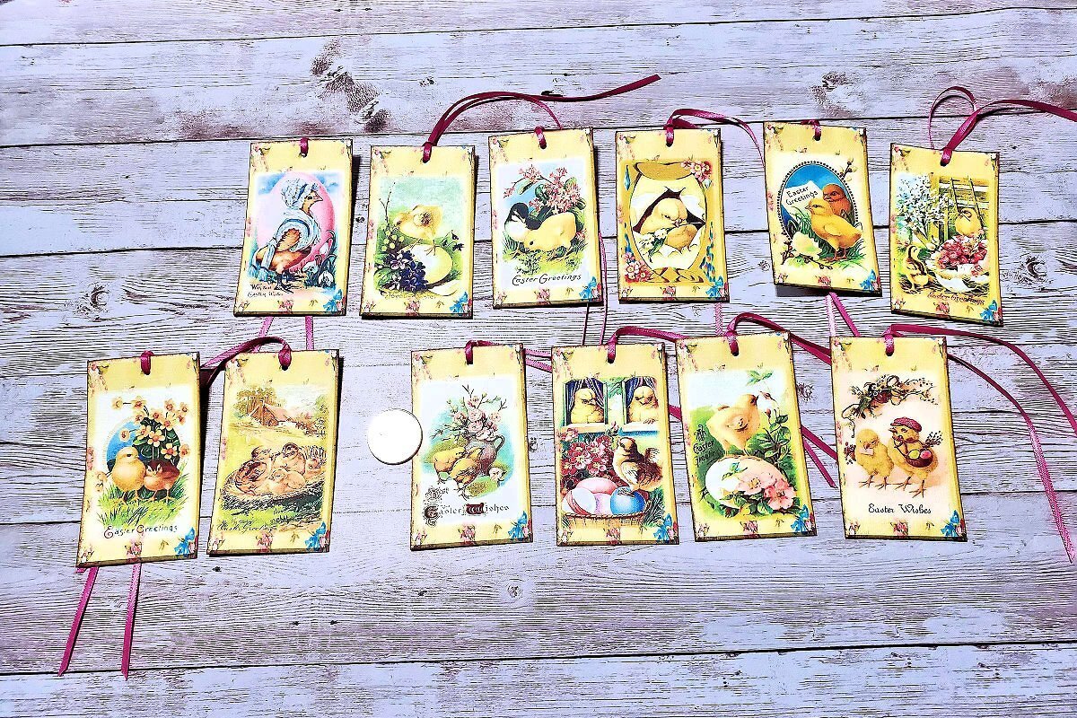 12~Easter~Vintage~Victorian~Chicks~Eggs~Linen Cardstock~Gift~Hang~Tags