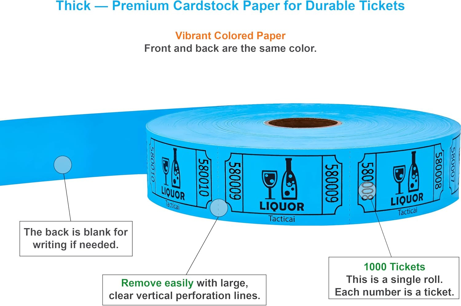 1000 Raffle Tickets, Liquor, Blue, Single Roll, Ticket for Events, Entry, Reward