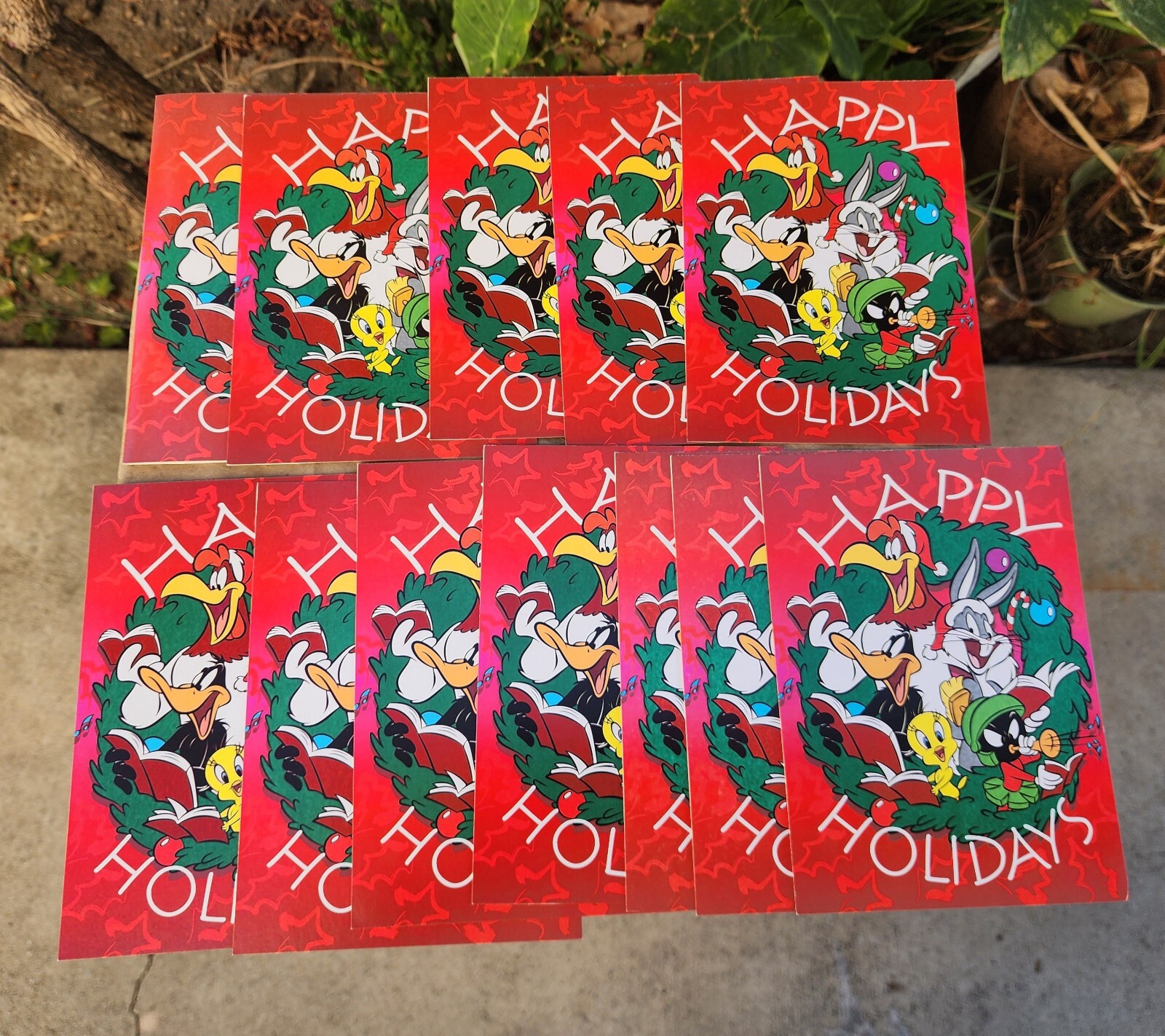 12 vintage Looney Tunes Christmas Holiday Cards Envelope Set Tweety Bugs Marvin