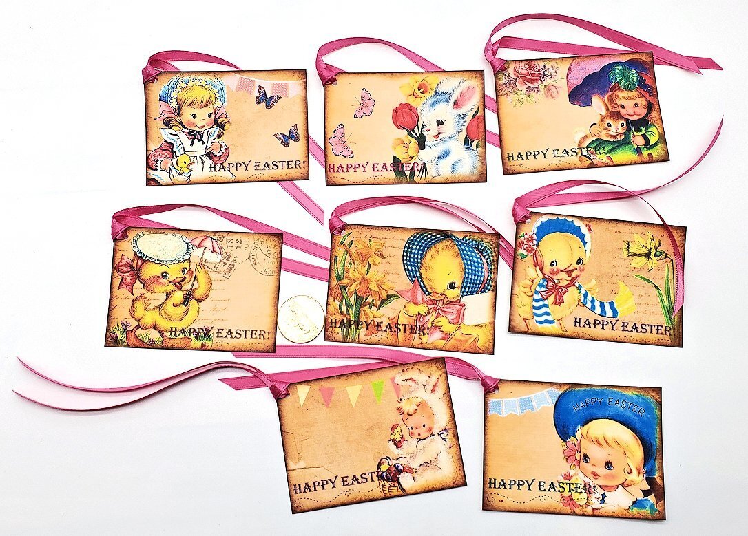 8-Easter-Retro-Mid Century-Chicks-Bunnies-Journal-Linen Cardstock-Gift-Hang-Tags
