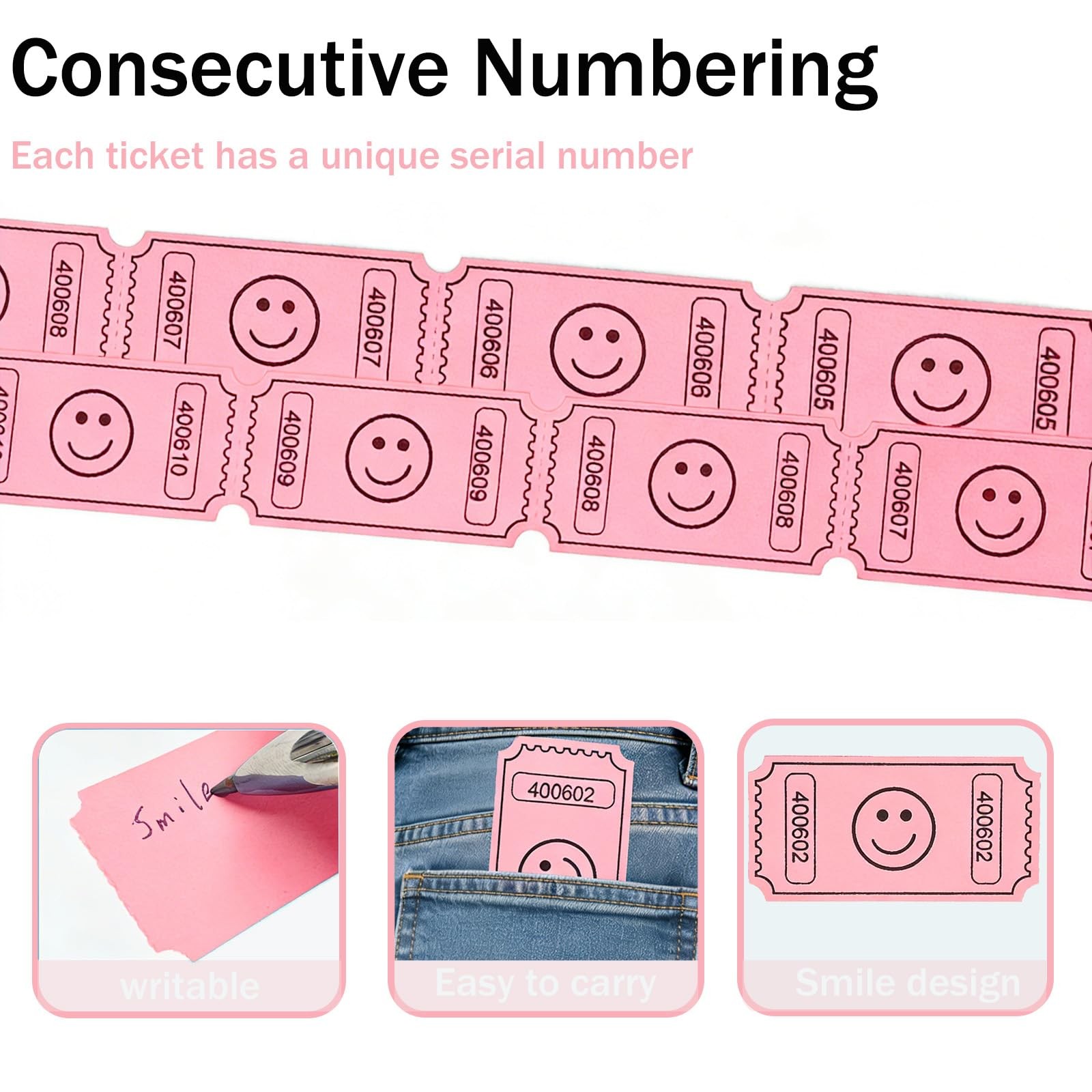 Savvylife 2200 Raffle Tickets Single Roll,Smile,Pink(8 Color Selection) | Rol…