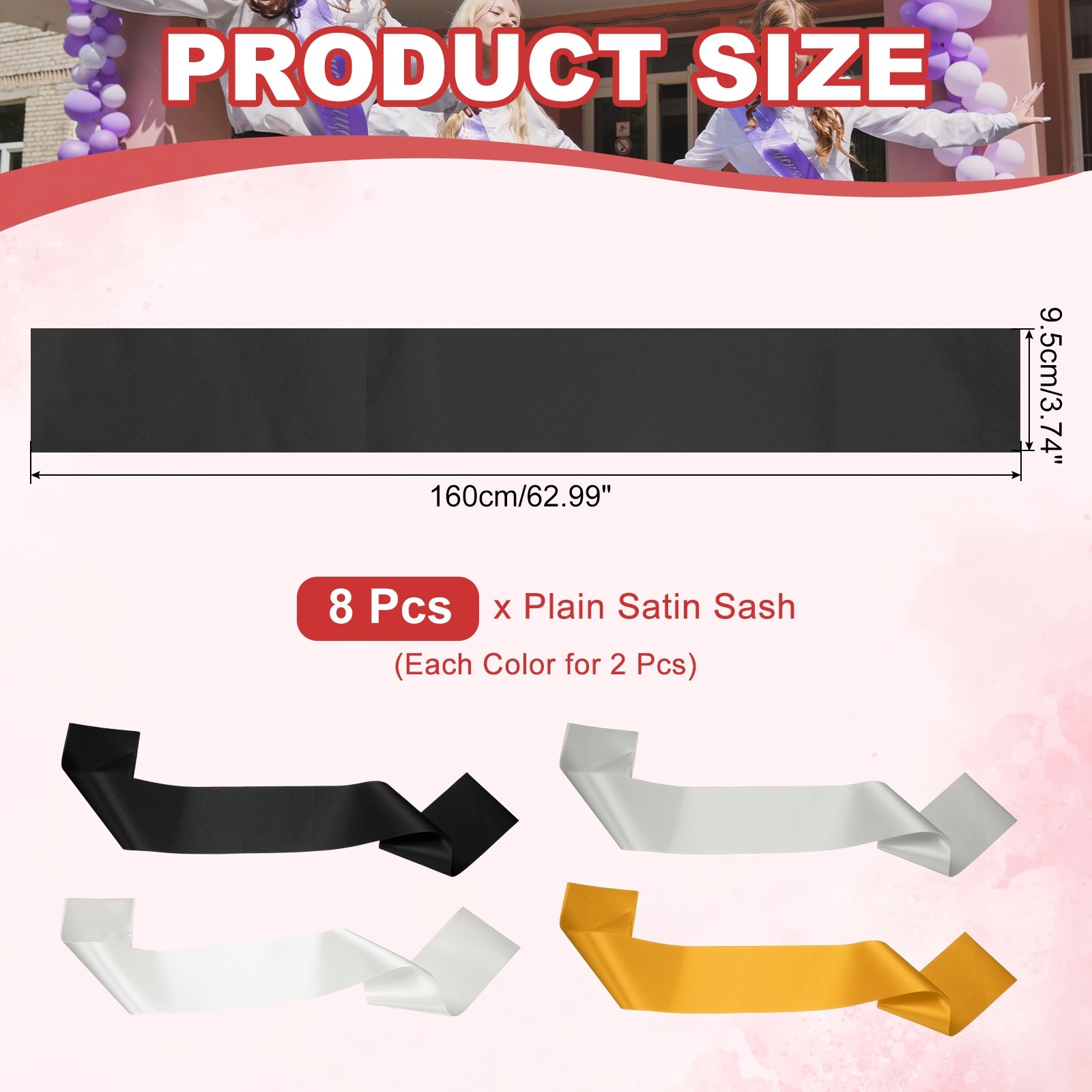Satin Sash, Blank Sash Pageant Ribbon for Party 8 Pack & Black/Silver/Gold/White