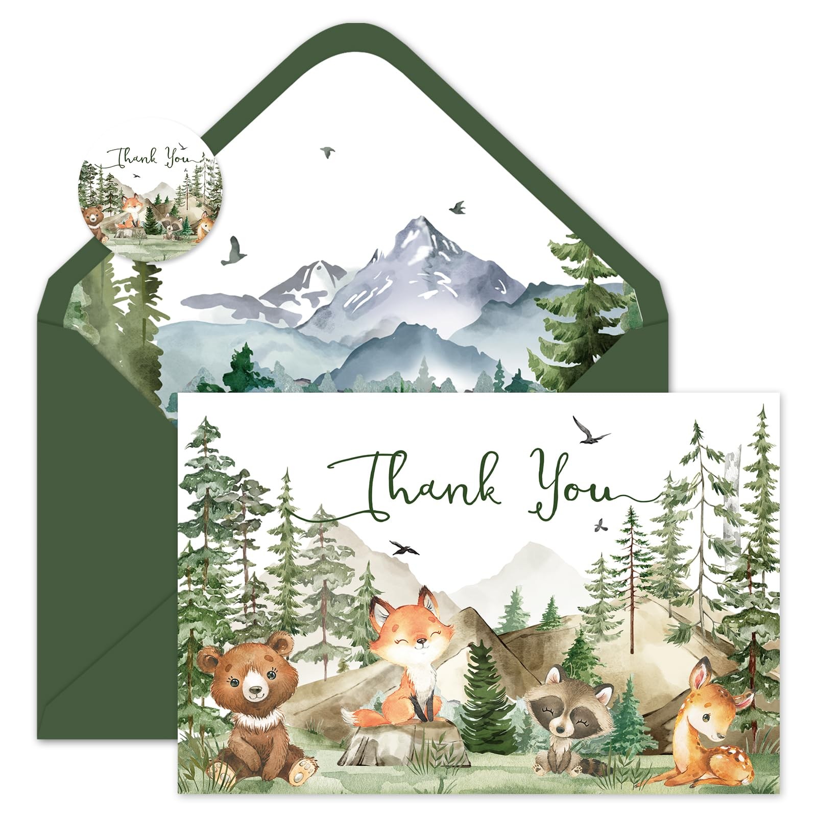 FYSUIMU 50 Pack Woodland Thank You Cards Watercolor 4 x 6 inch, multicolor