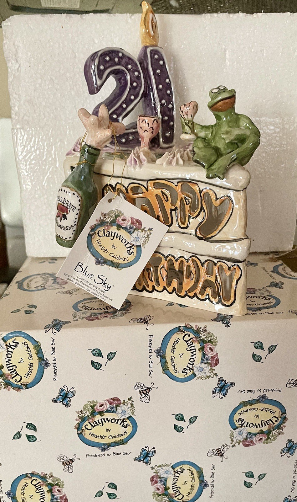 Ceramic 21st Birthday Cake Topper! Plated Froggy on a cute cake slice toasting!