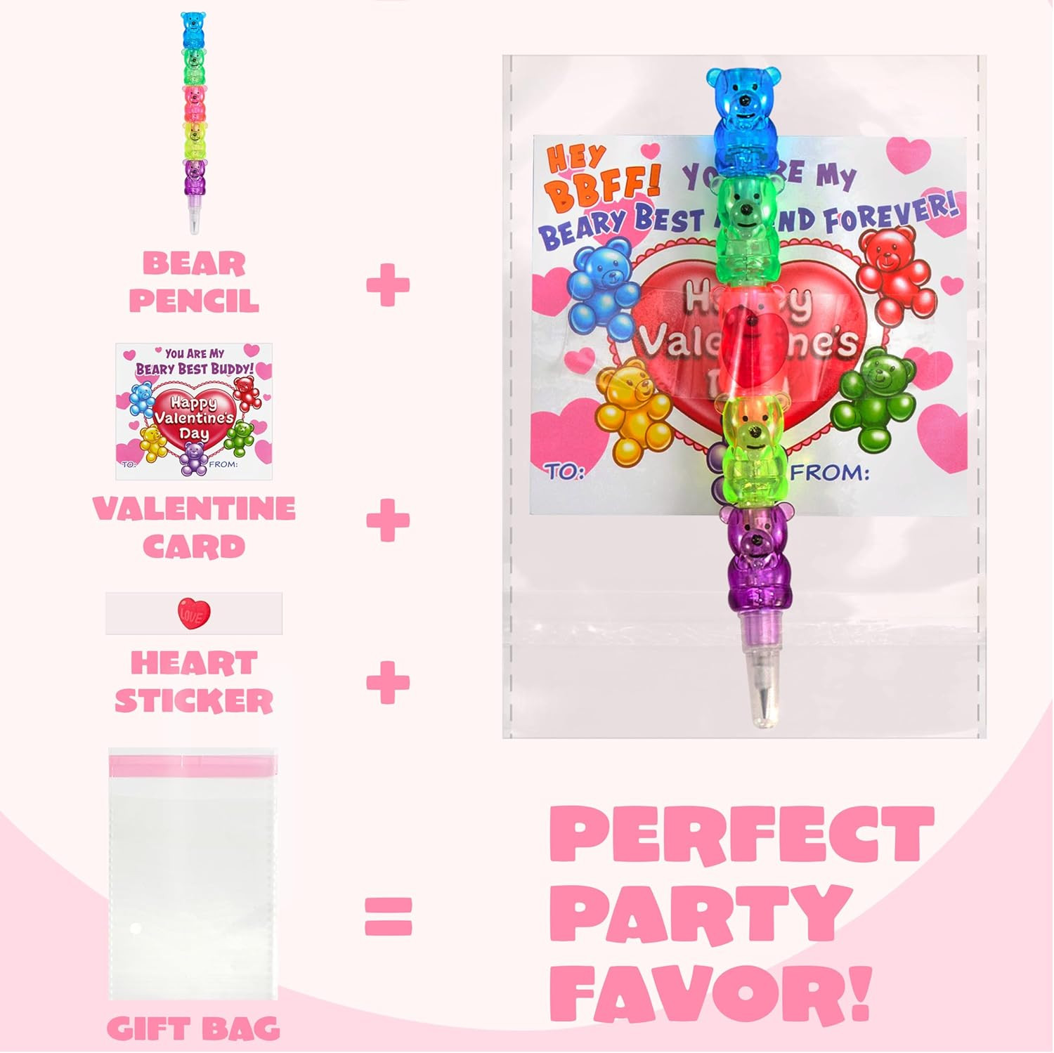 28PCS Valentines Day Plastic Bear Pencils and Cards, Stationery Gift Kids Party