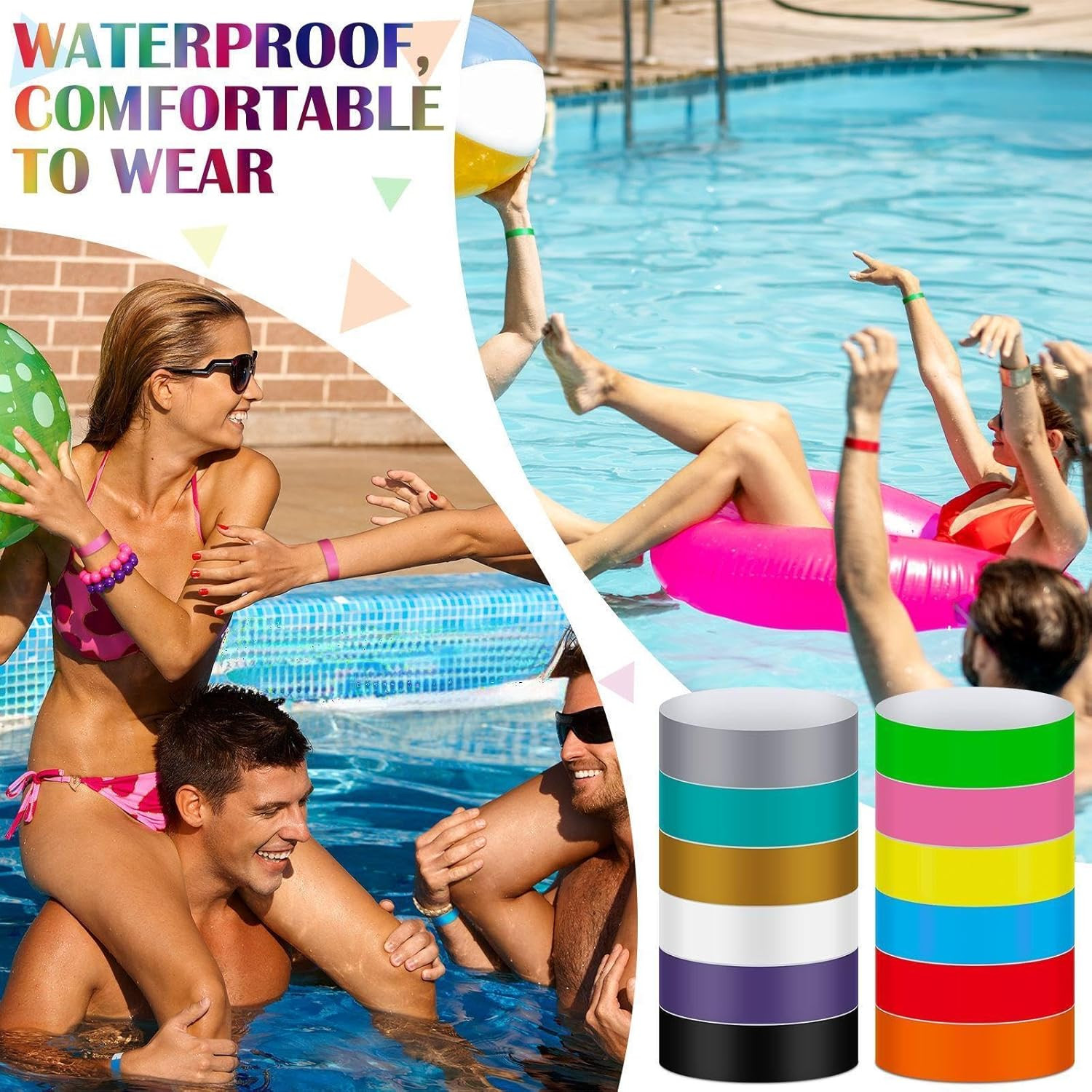 1200 Pack Plastic Paper Wristbands for Events Neon Party Wrist Bands Colored Wat