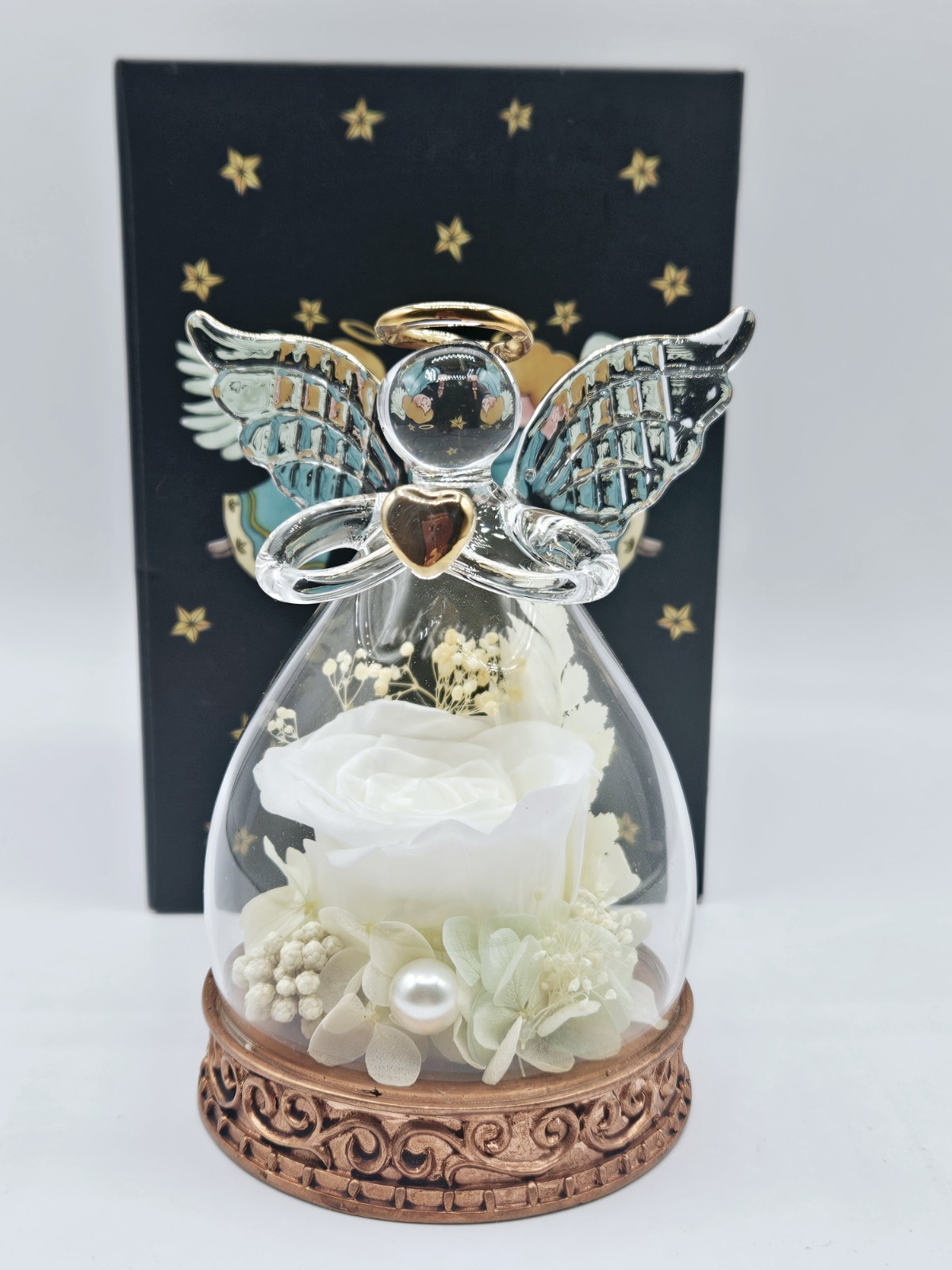 Angel Glass Dome Preserved Rose LED Light Gift Romantic Decor w/ Box