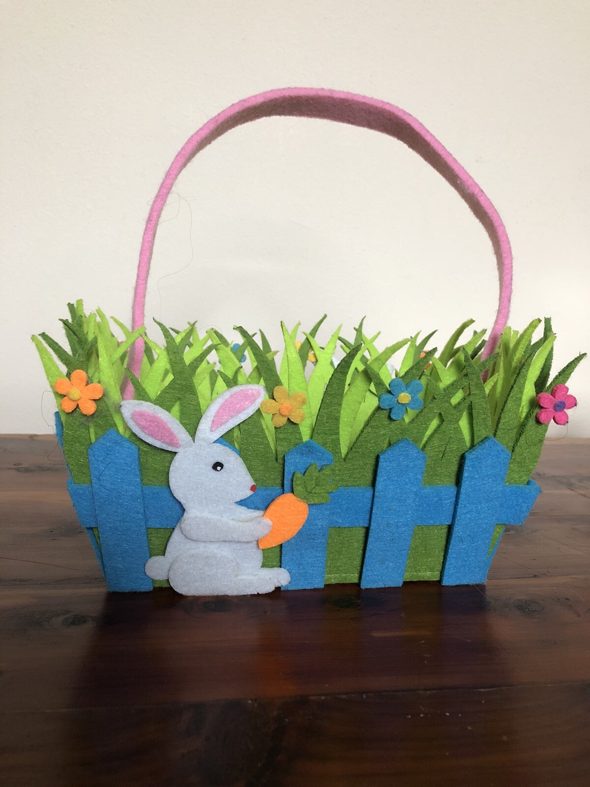 Easter Basket Soft Fabric Felt Bright Colors Bunny Grass & Flowers Decor Bucket