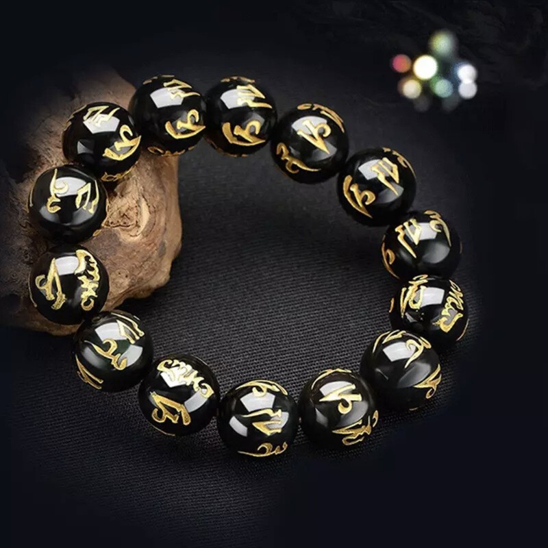 Natural Black Obsidian Bracelet Tibetan Mantra Beads Buddhist Daily Jewelry Gift