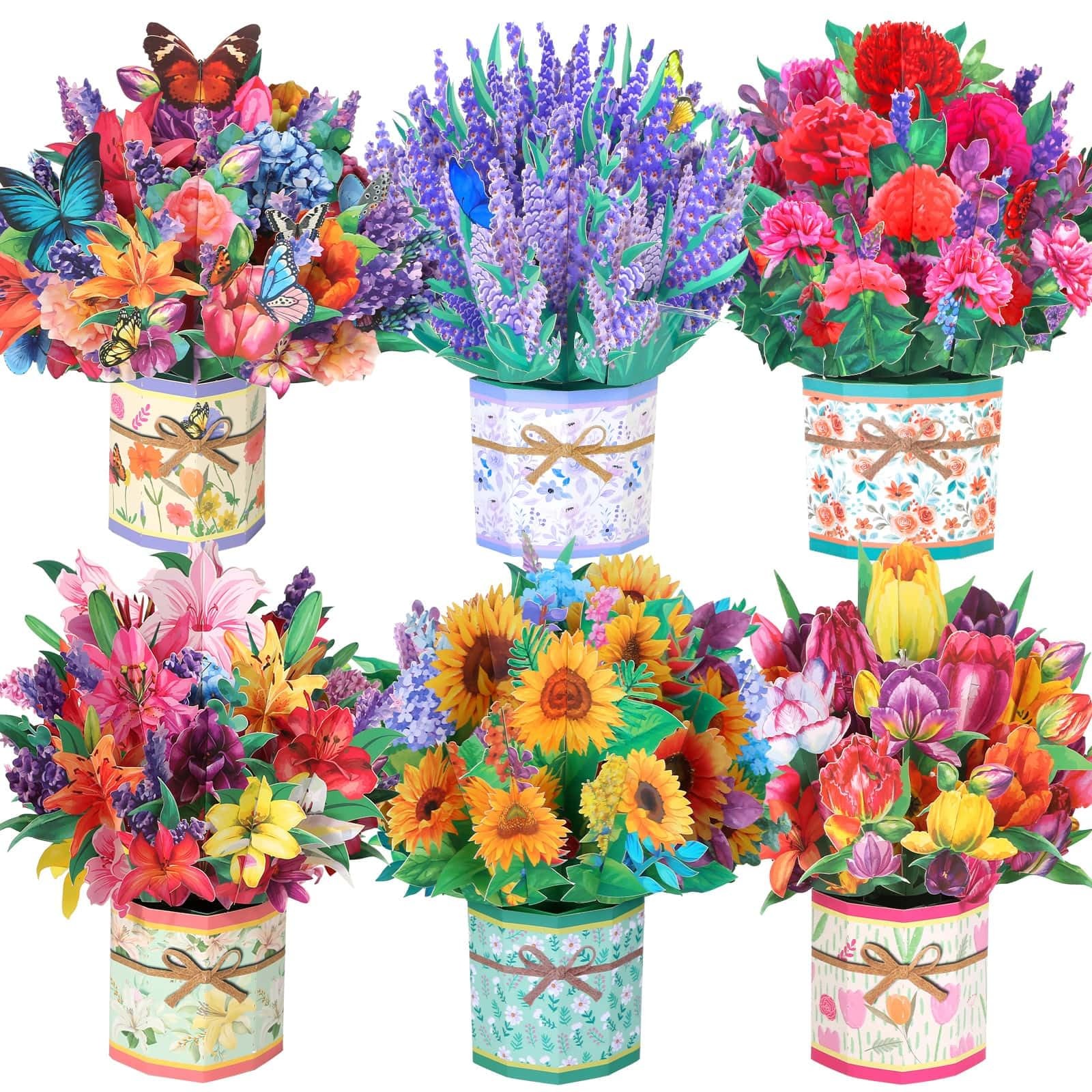 6 Pack Paper Flower Pop Up Cards, Bouquet Card 8.5×9 inches, Color 1