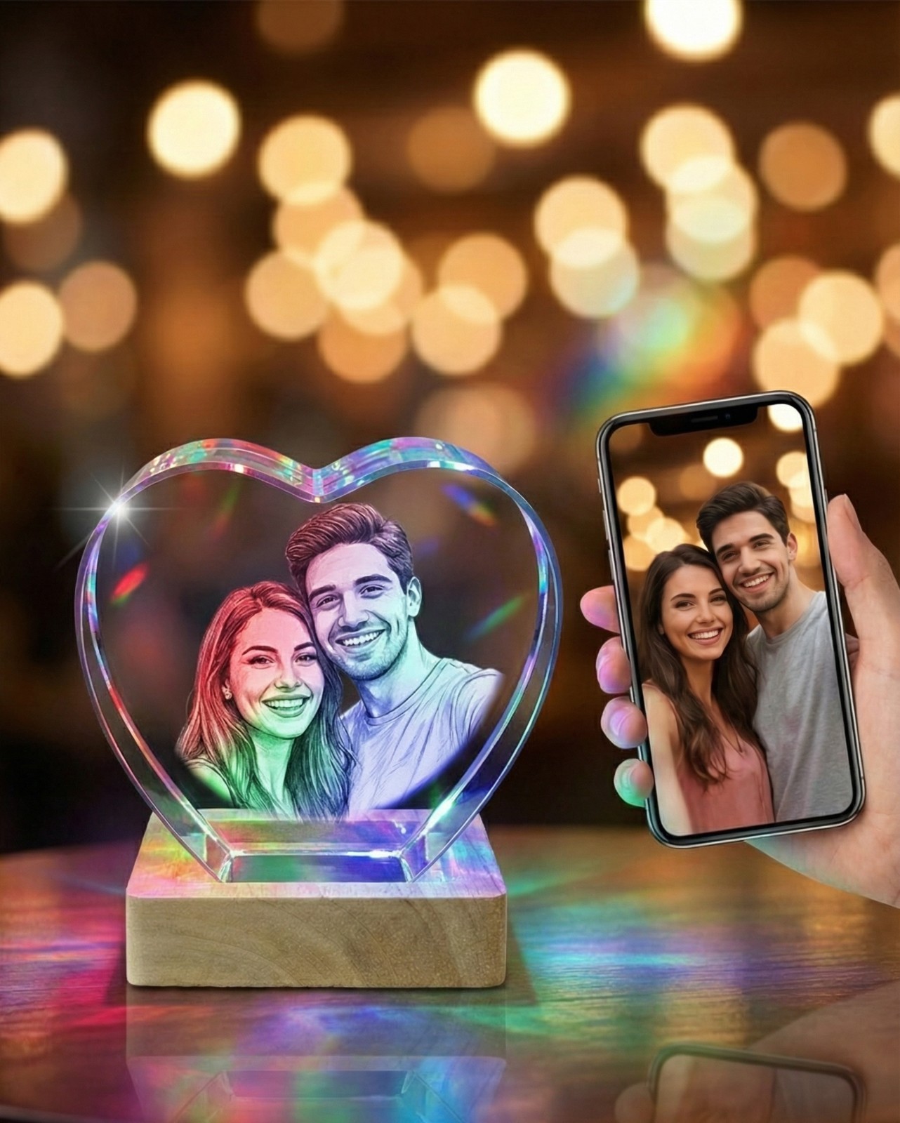Personalised 3D Crystal Photo Laser Engrave etched picture Love Heart shape