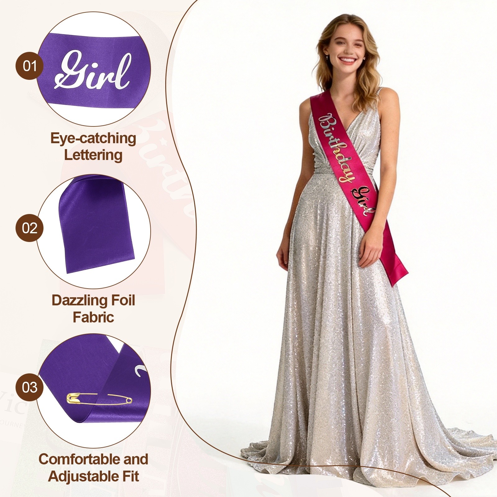 Birthday Girls Sash with Pin Silver Sparkle Lettering for Birthday Party, Purple