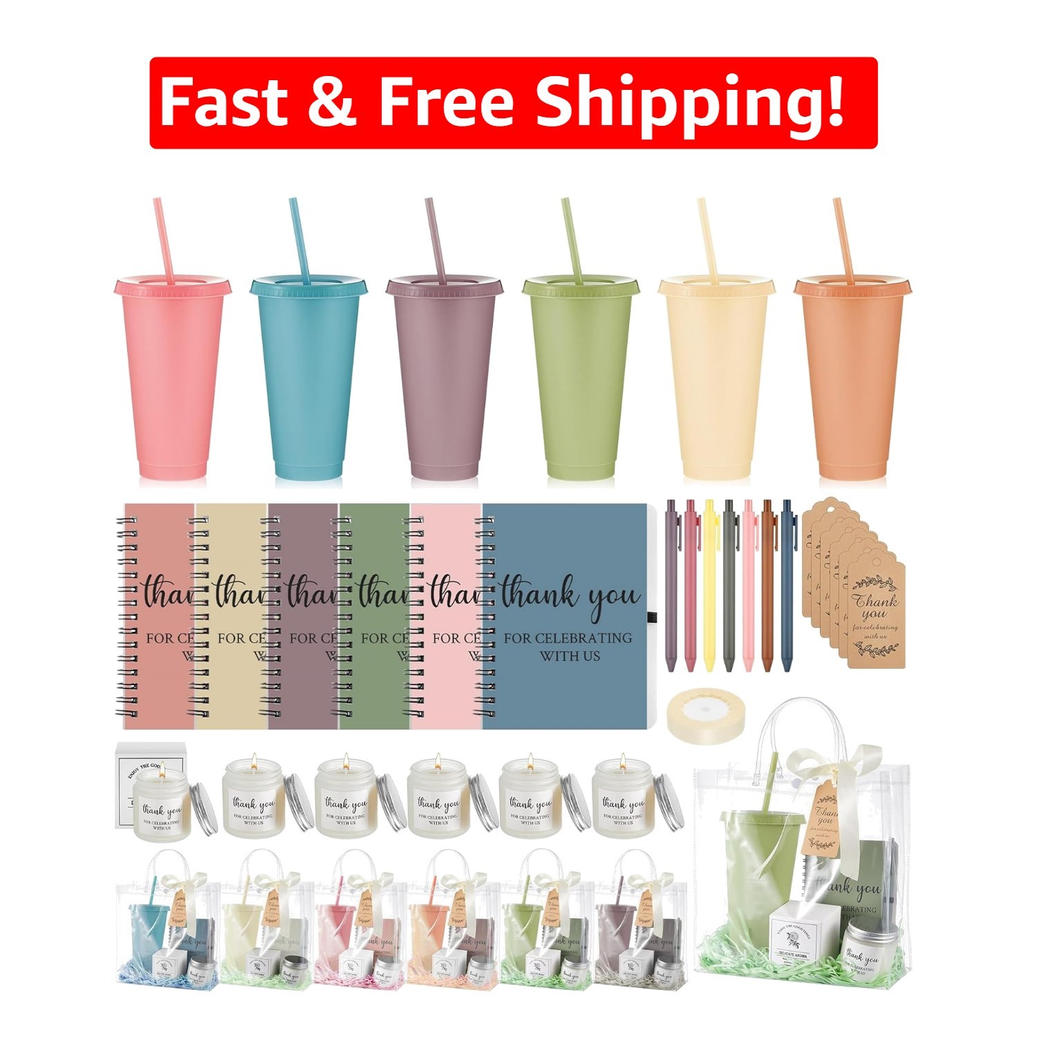 All-In-One Bridal Shower Prize Set: 6 Tumblers, Notebooks and Scented Candles