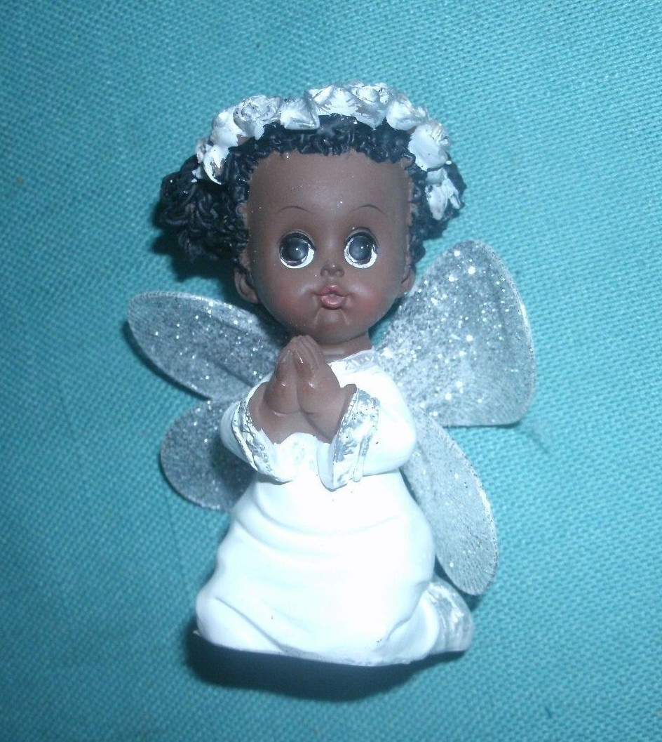 ADORABLE BLACK BABY ANGEL in WHITE SHOWER CAKE DECORATION NEW